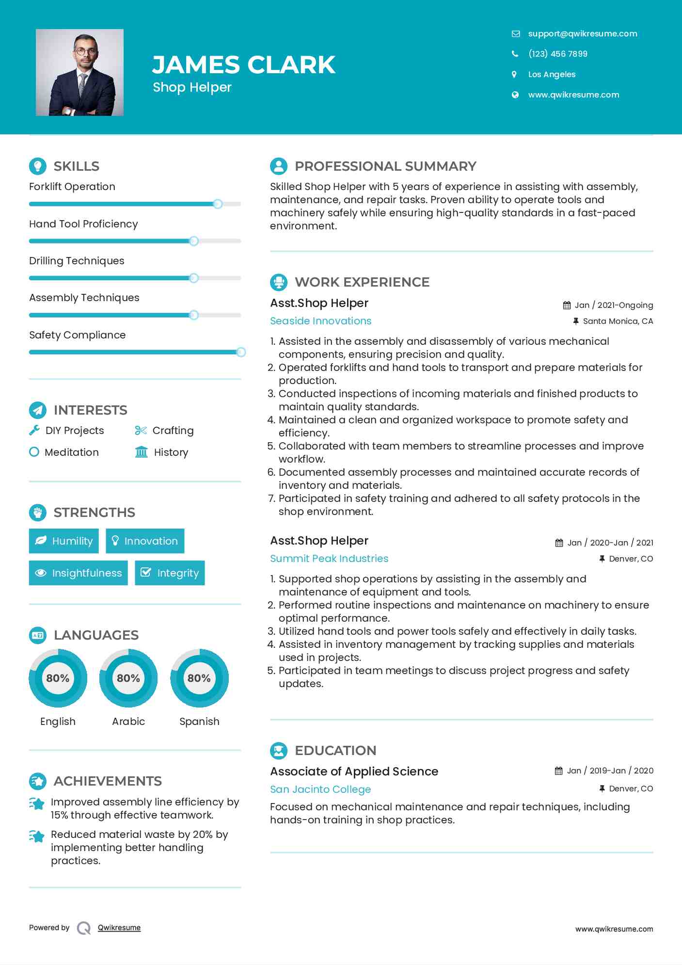 Asst.Shop Helper Resume Example
