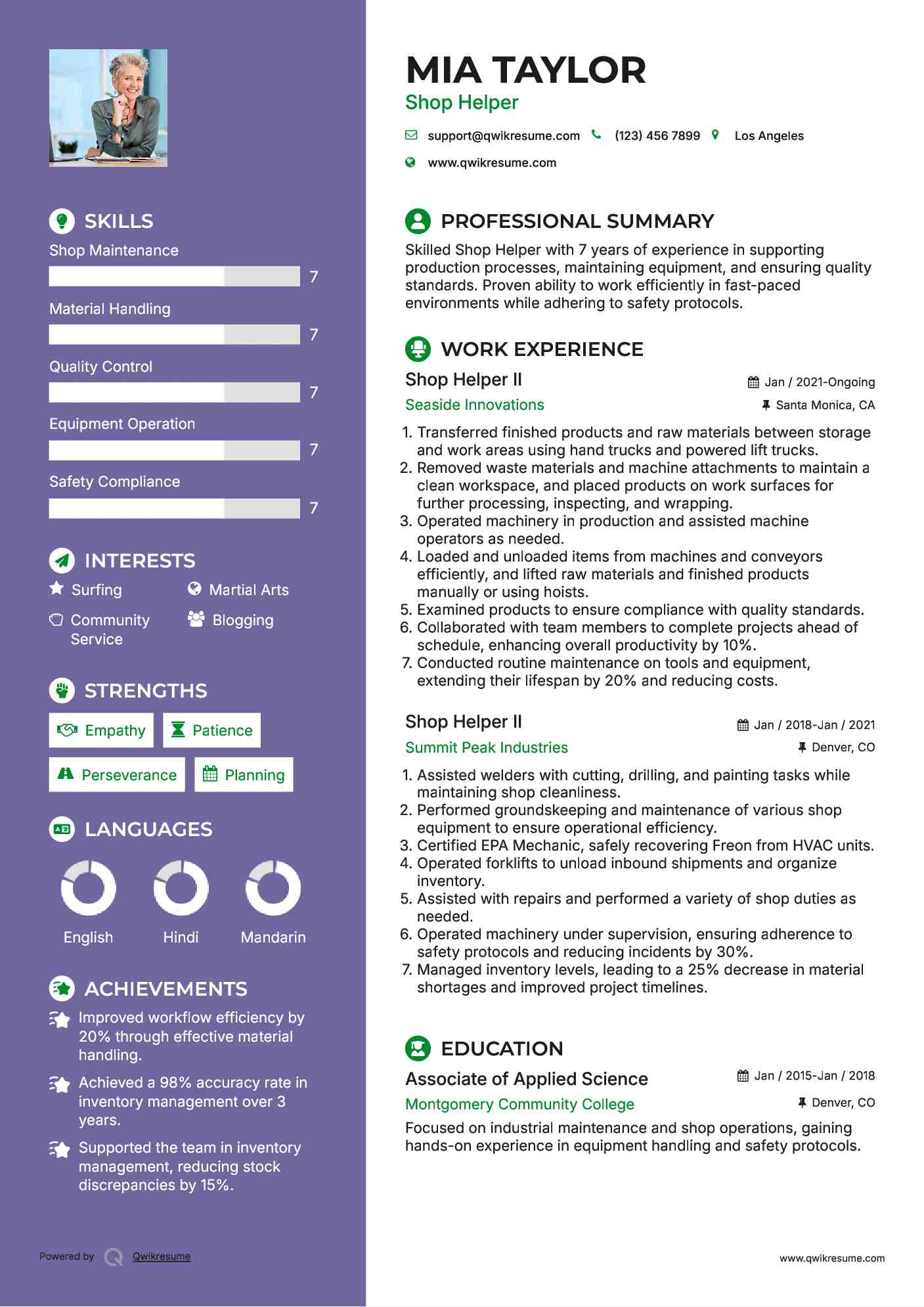 Shop Helper II Resume Format