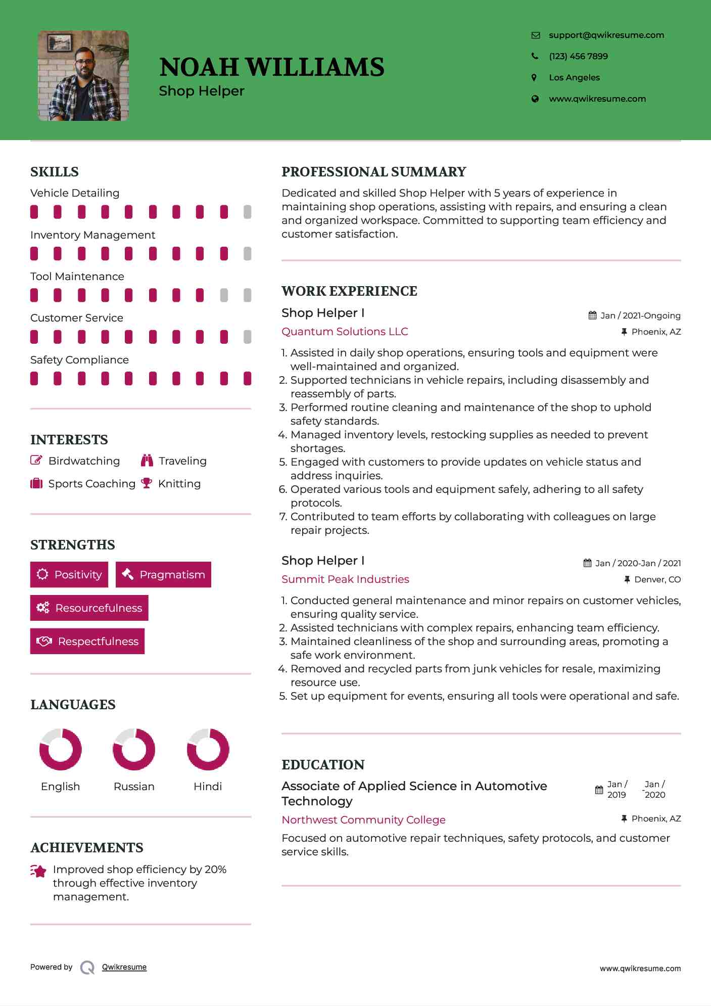 Shop Helper  I Resume Model