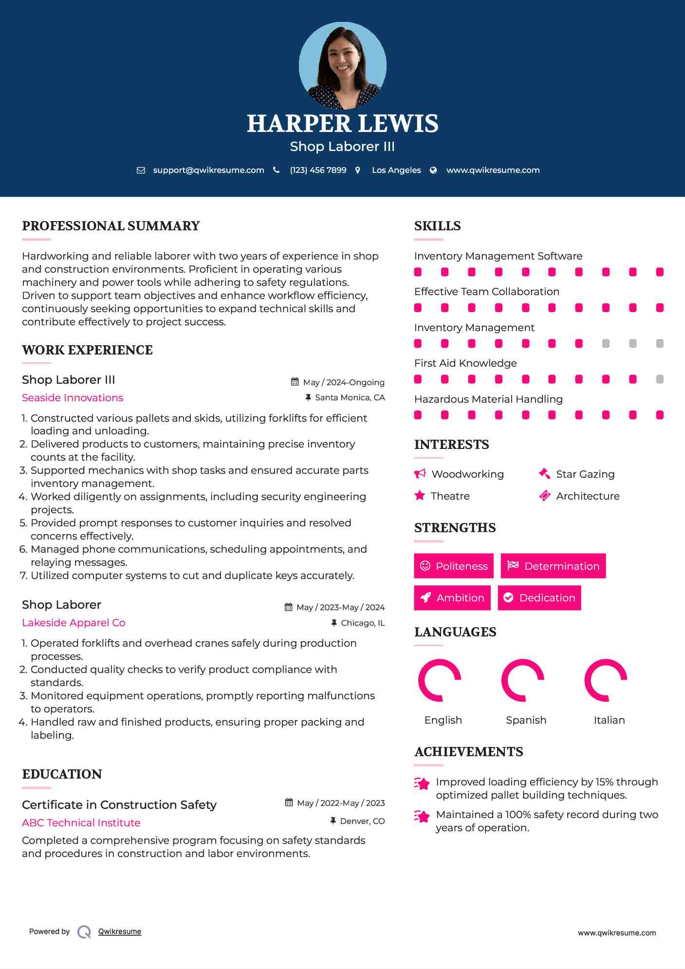 Shop Laborer III Resume Sample