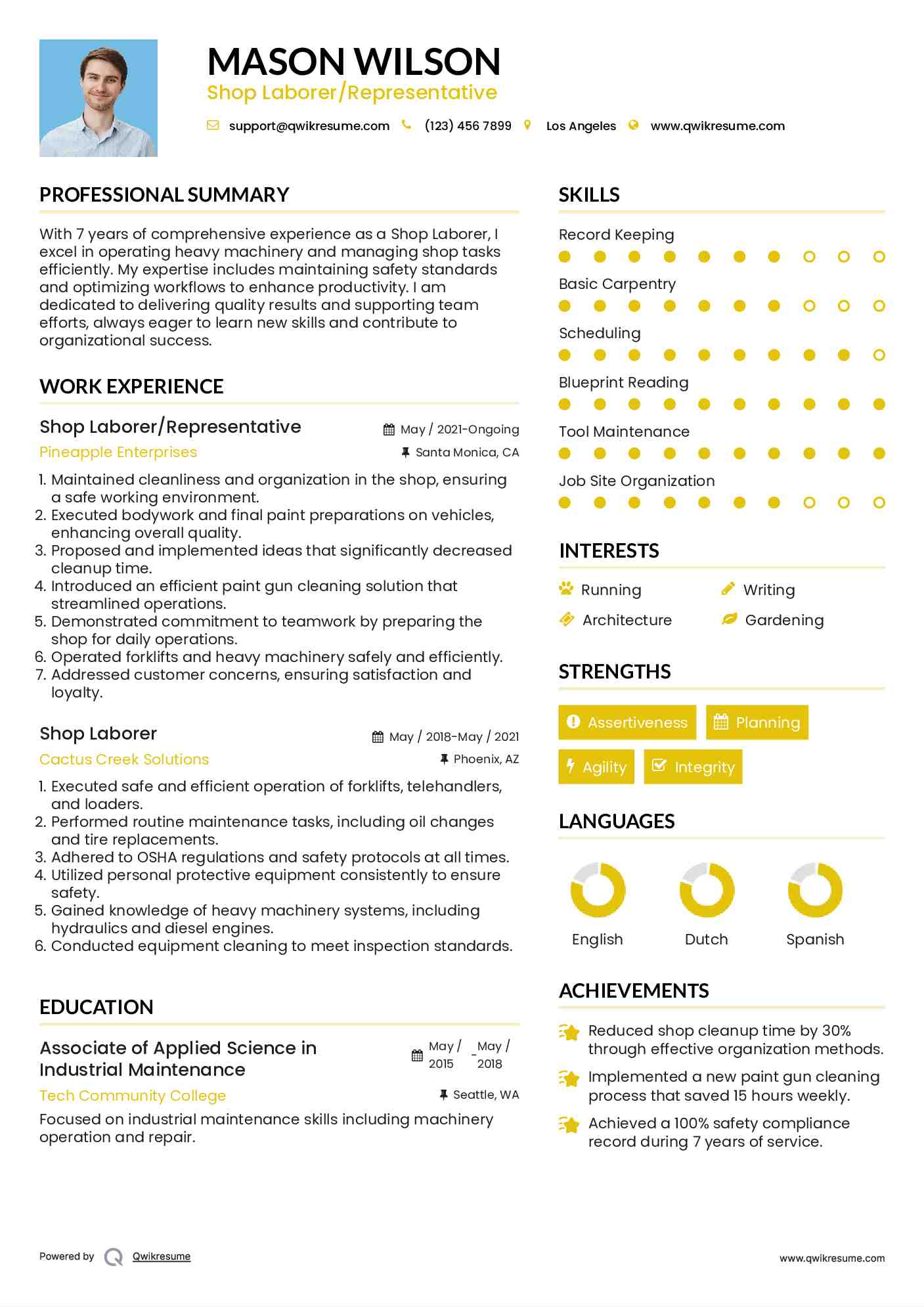 Shop Laborer/Representative Resume Sample