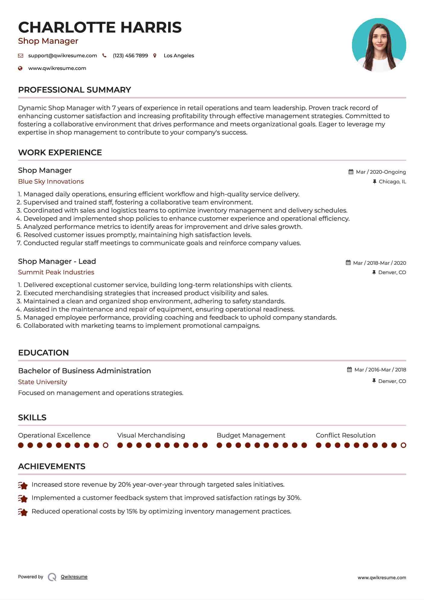 Shop Manager Resume Sample