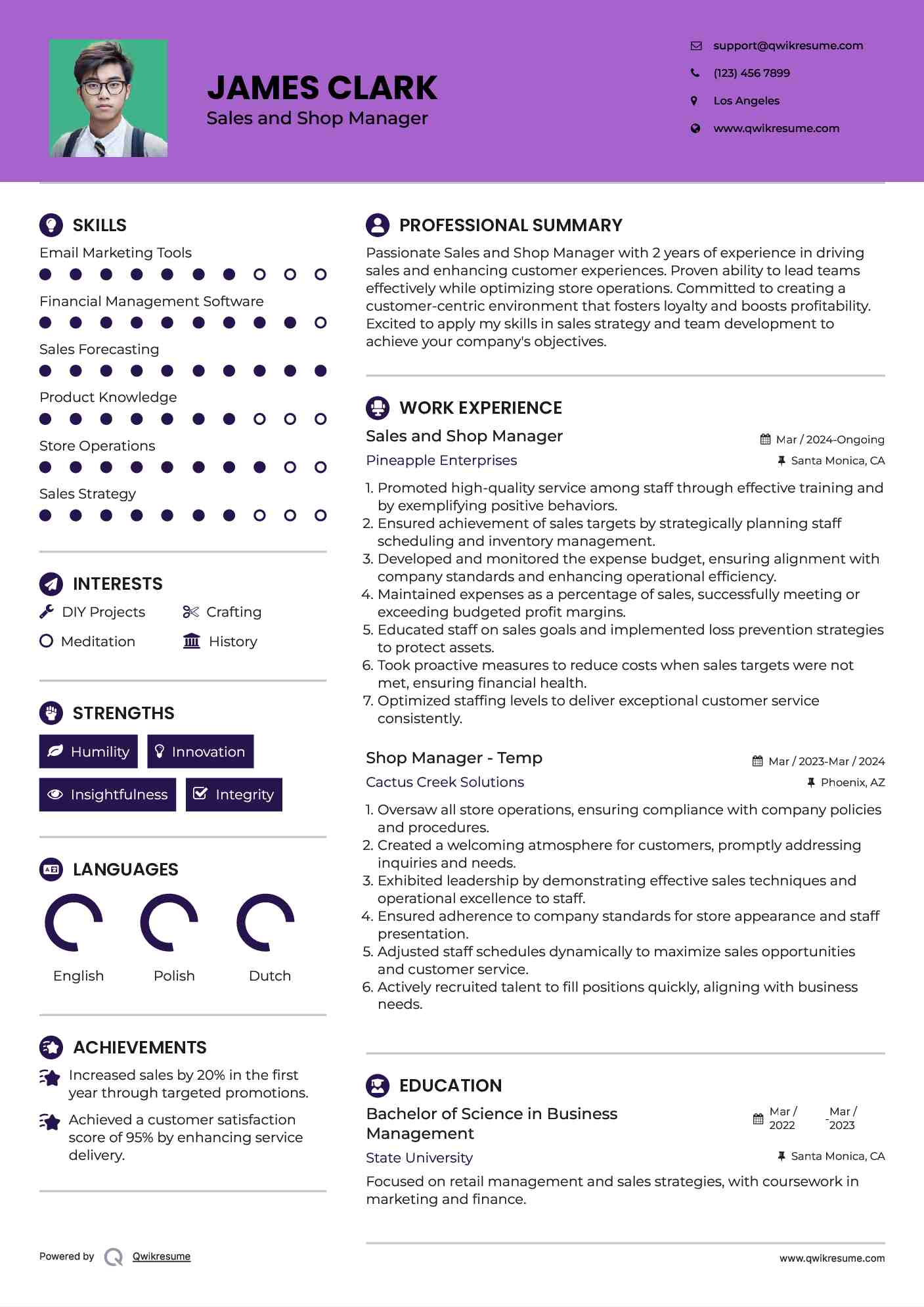 Sales and Shop Manager Resume Sample