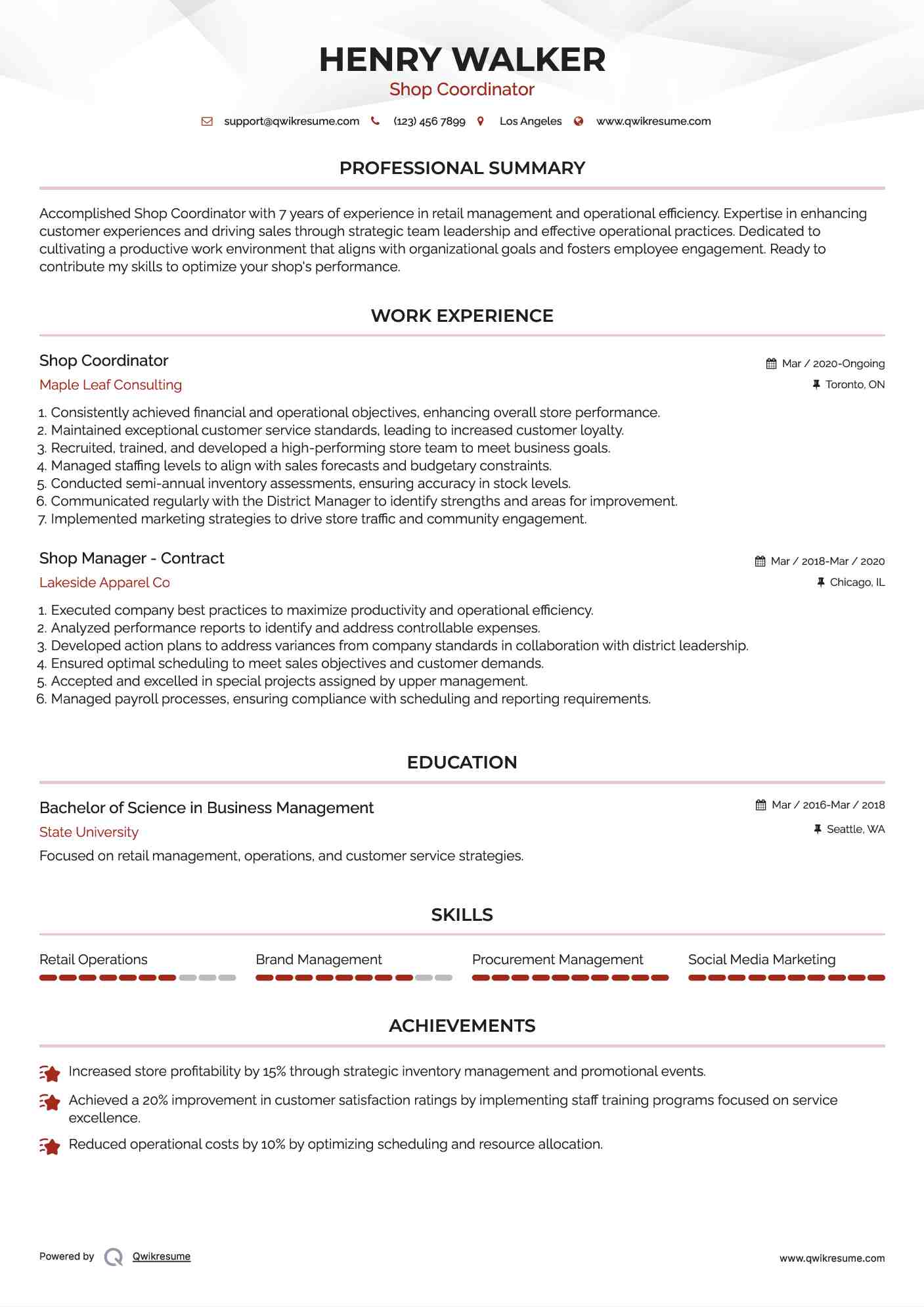 Shop Coordinator Resume Model