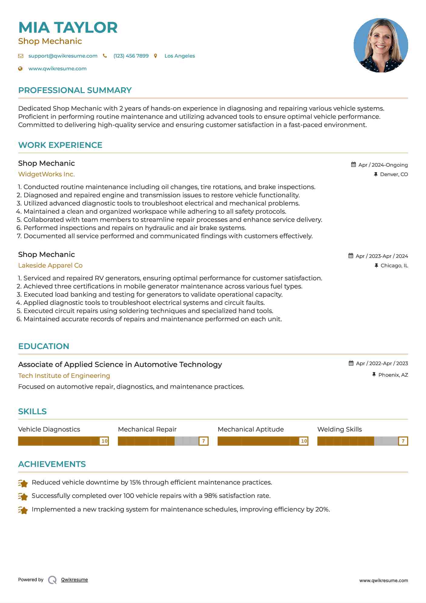 Shop Mechanic Resume Example