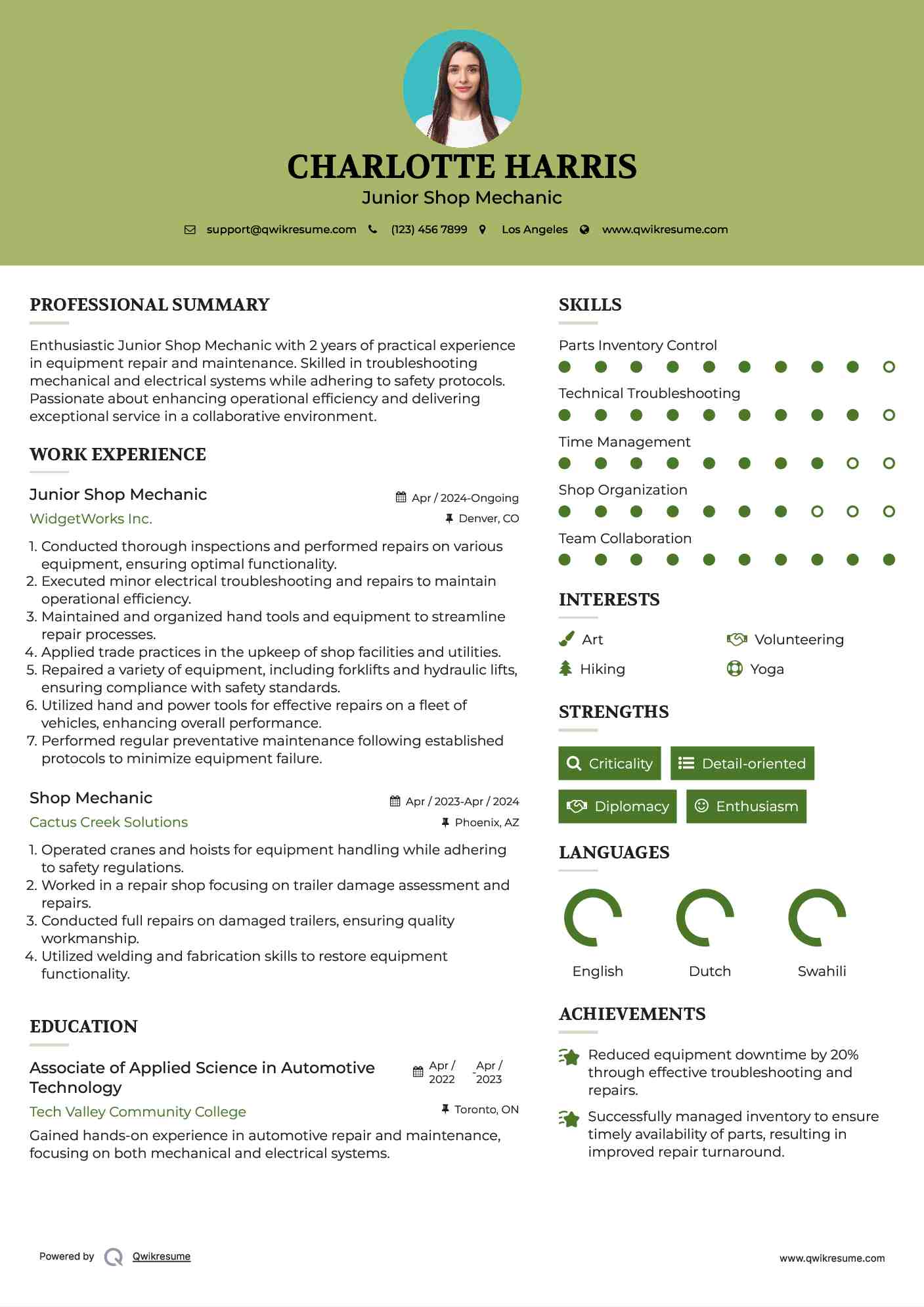 Junior Shop Mechanic Resume Sample