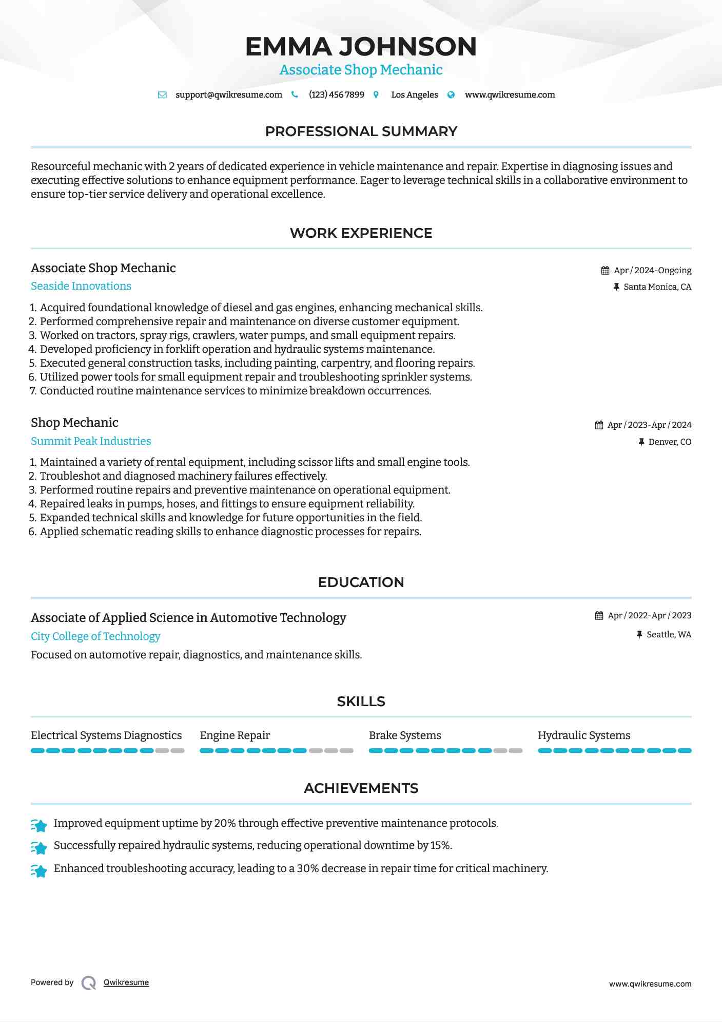 Associate Shop Mechanic Resume Format