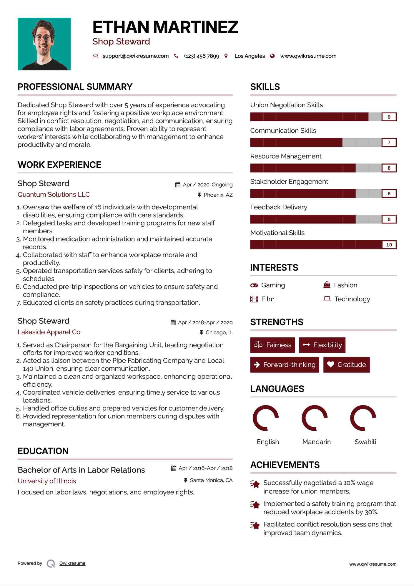 Shop Steward Resume Model