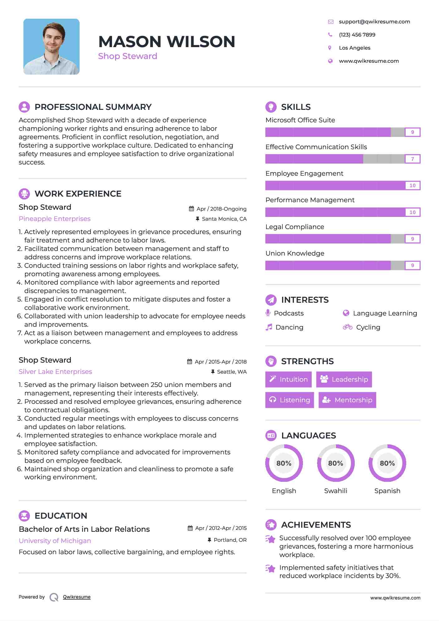 Shop Steward Resume Example