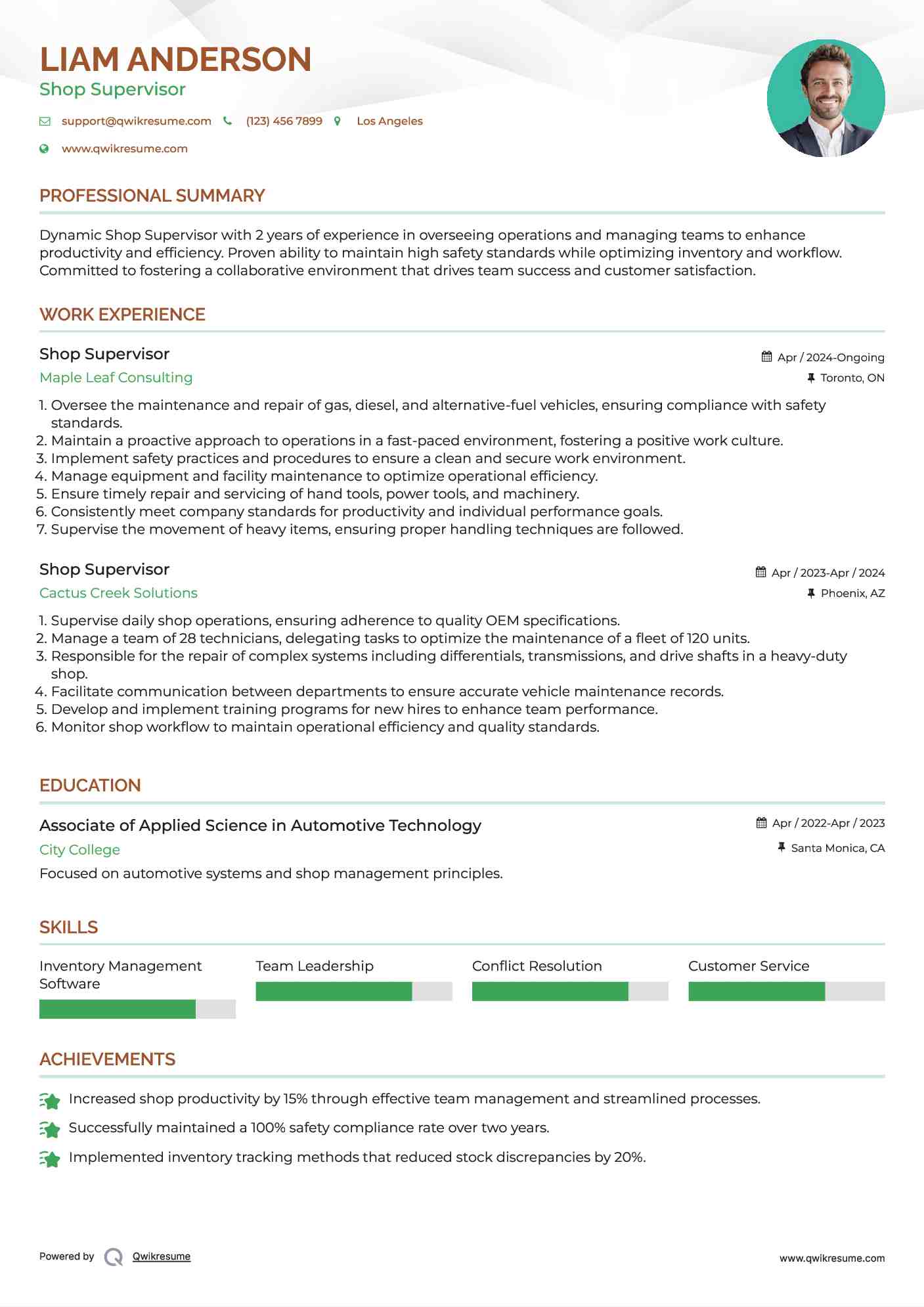 Shop Supervisor Resume Example