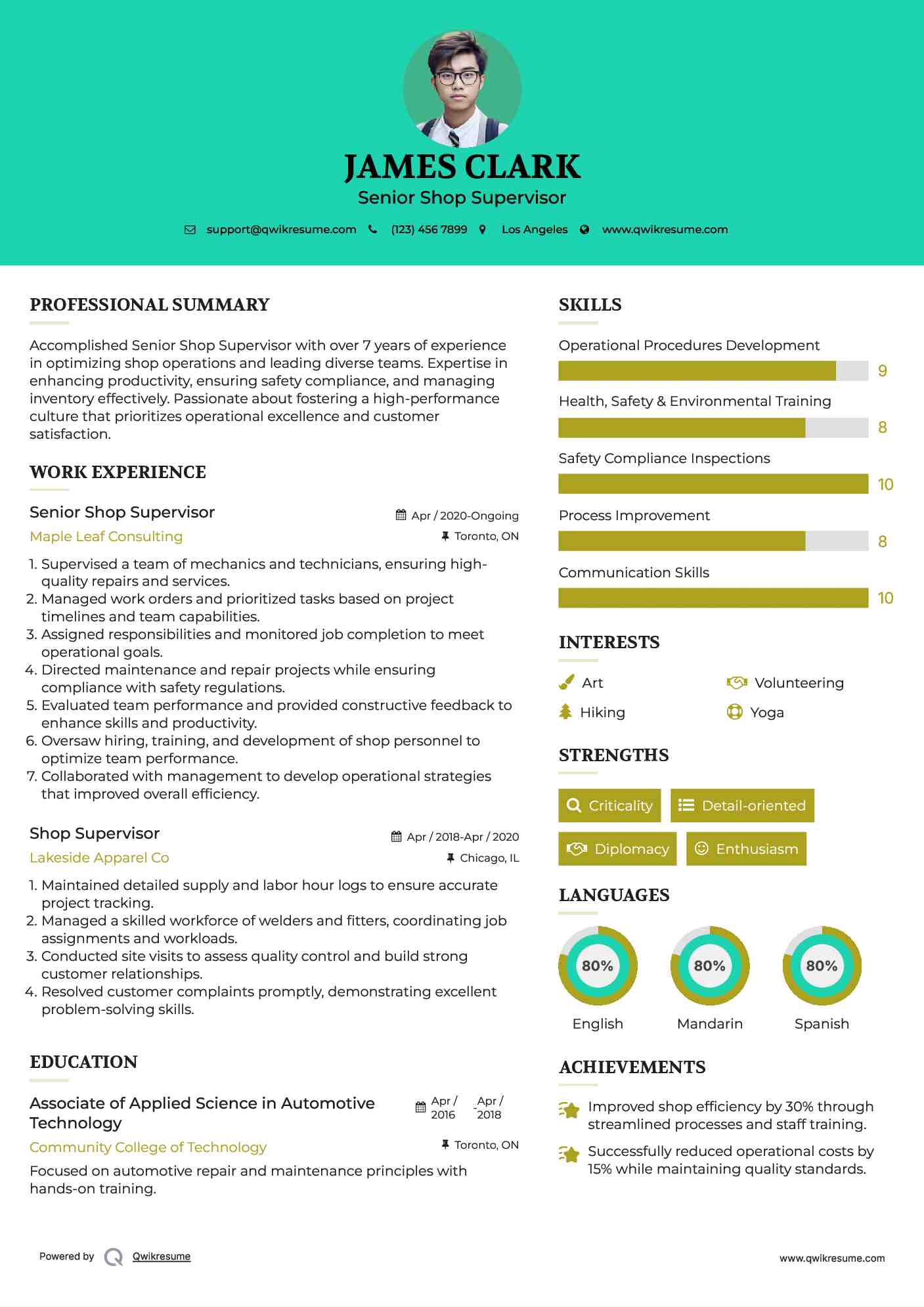 Senior Shop Supervisor Resume Model