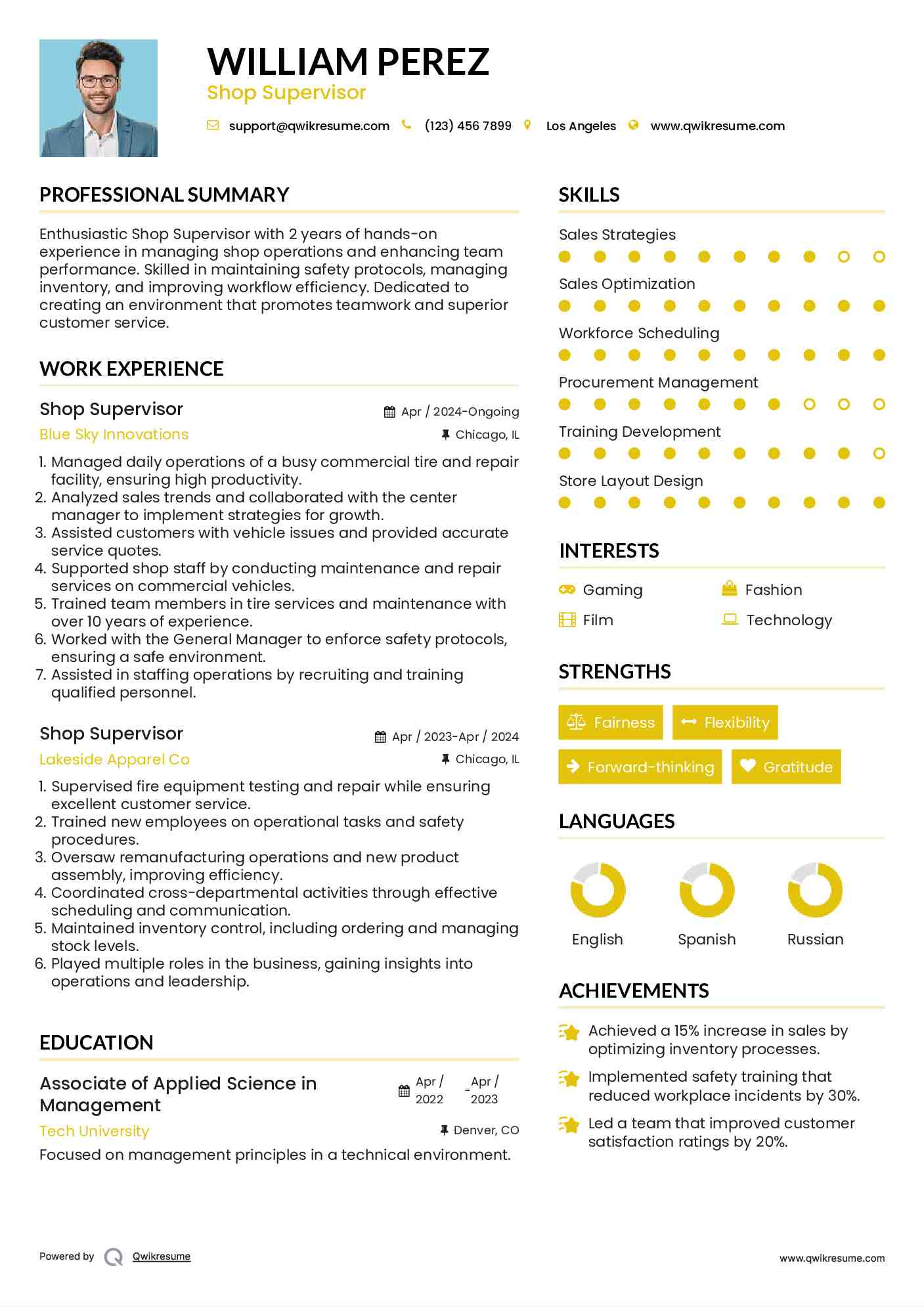 Shop Supervisor Resume Example