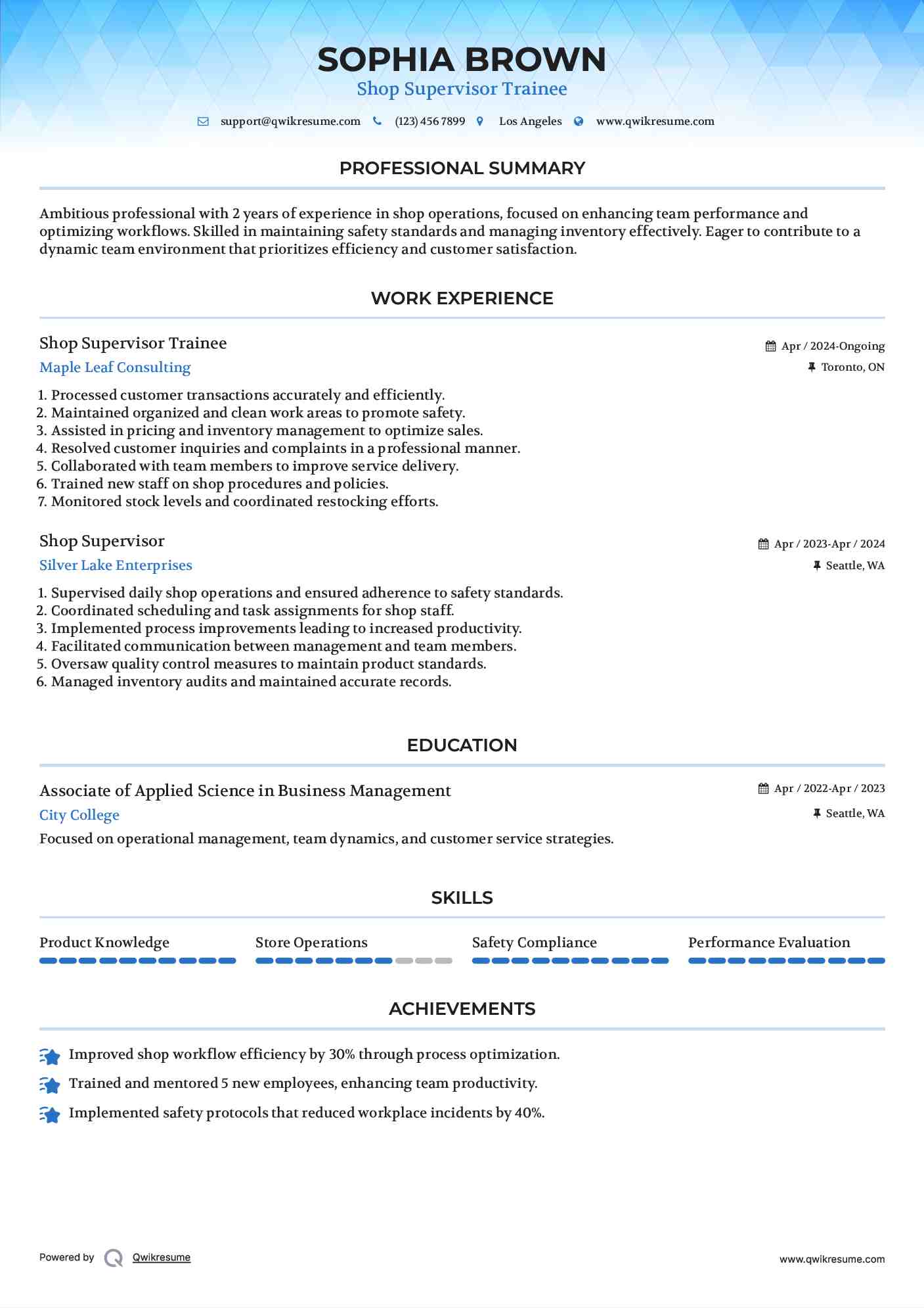 Shop Supervisor Trainee Resume Template
