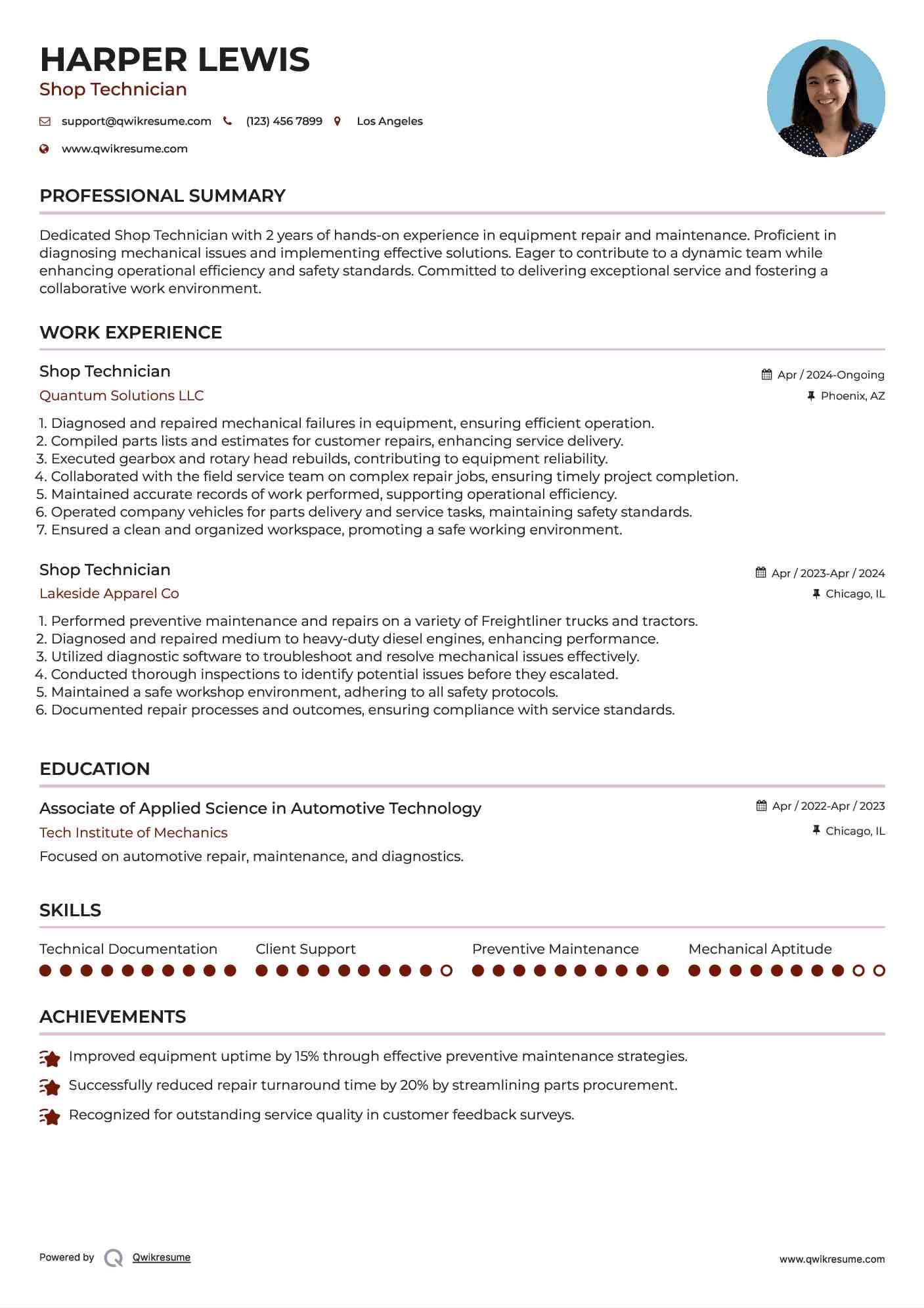 Shop Technician Resume Format