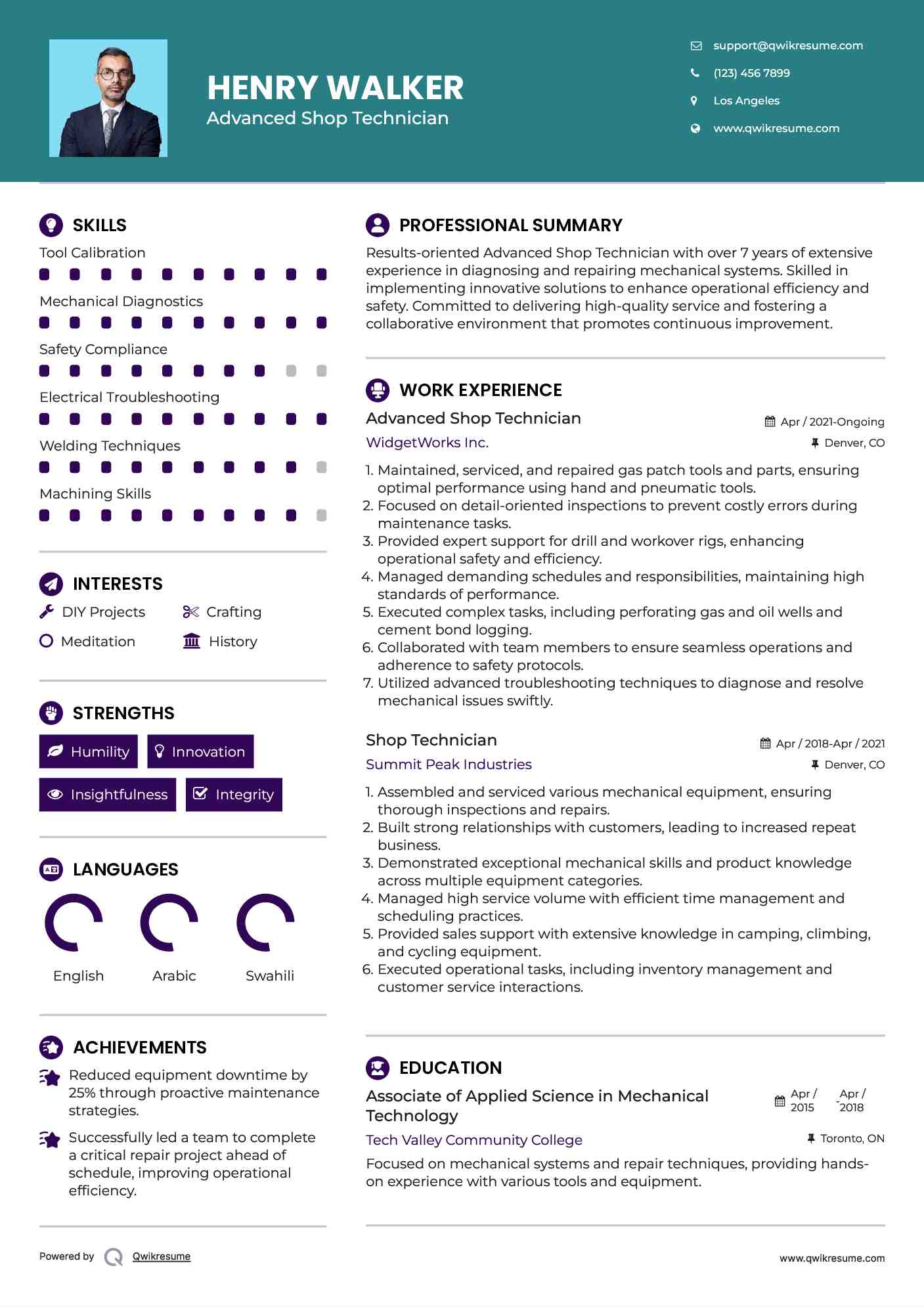 Advanced Shop Technician Resume Model