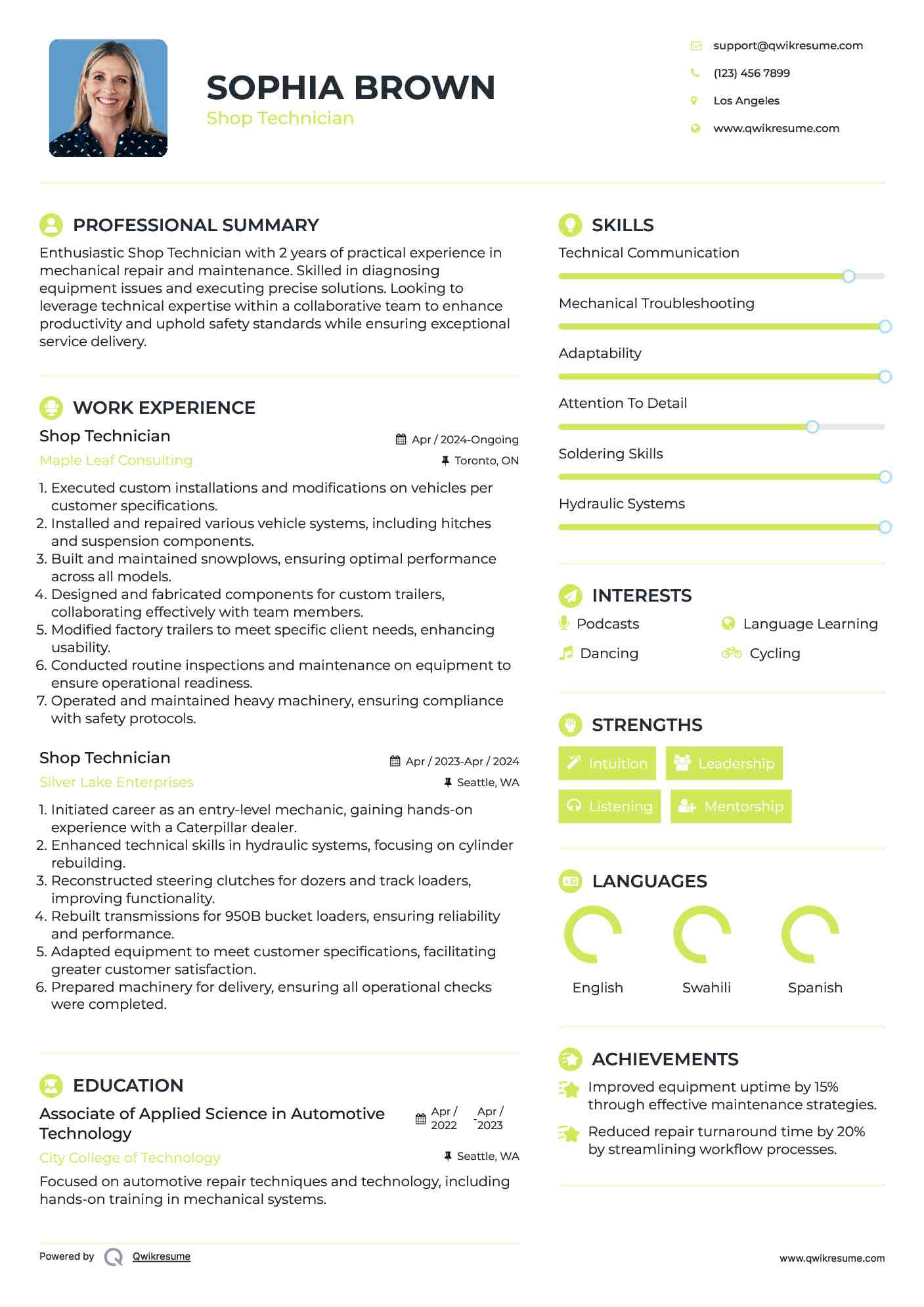 Shop Technician Resume Model