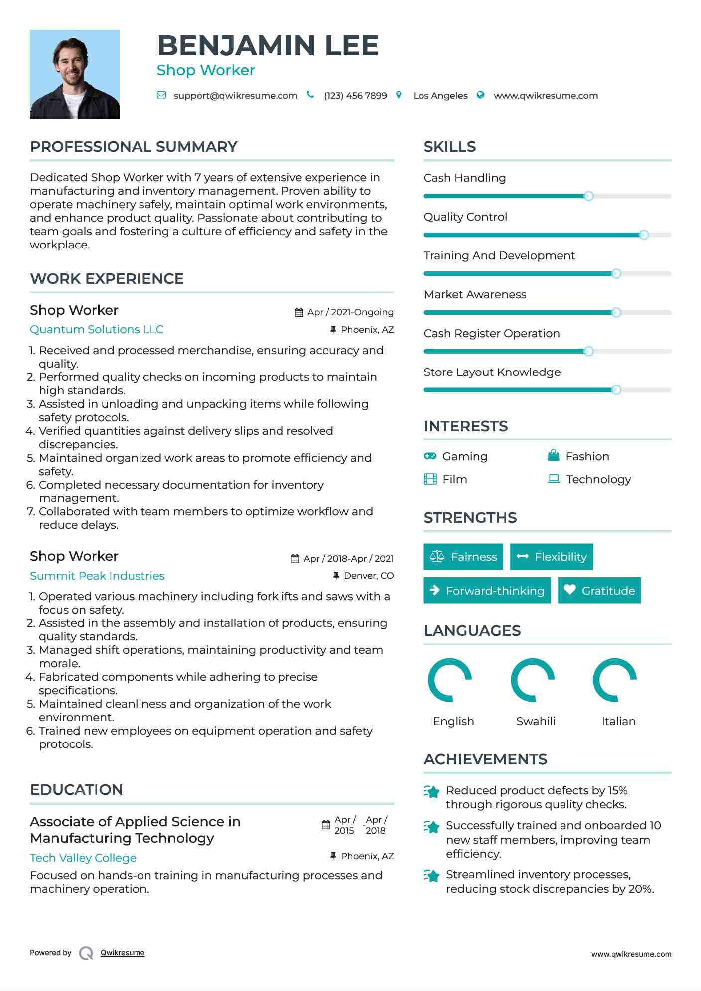 Shop Worker Resume Example