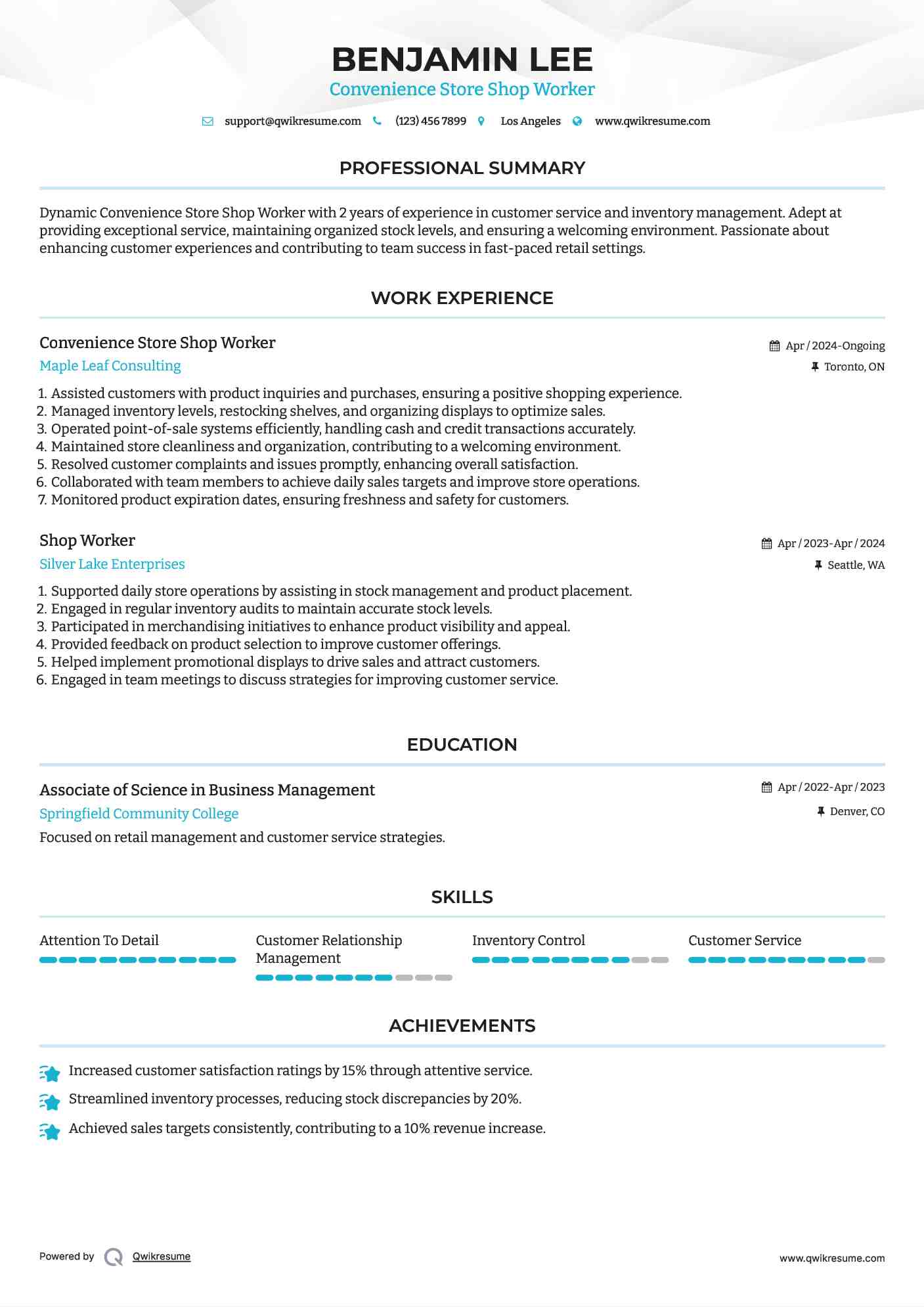 Convenience Store Shop Worker Resume Sample