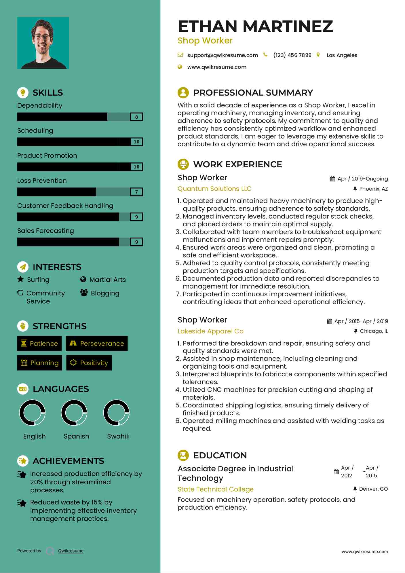 Shop Worker Resume Sample