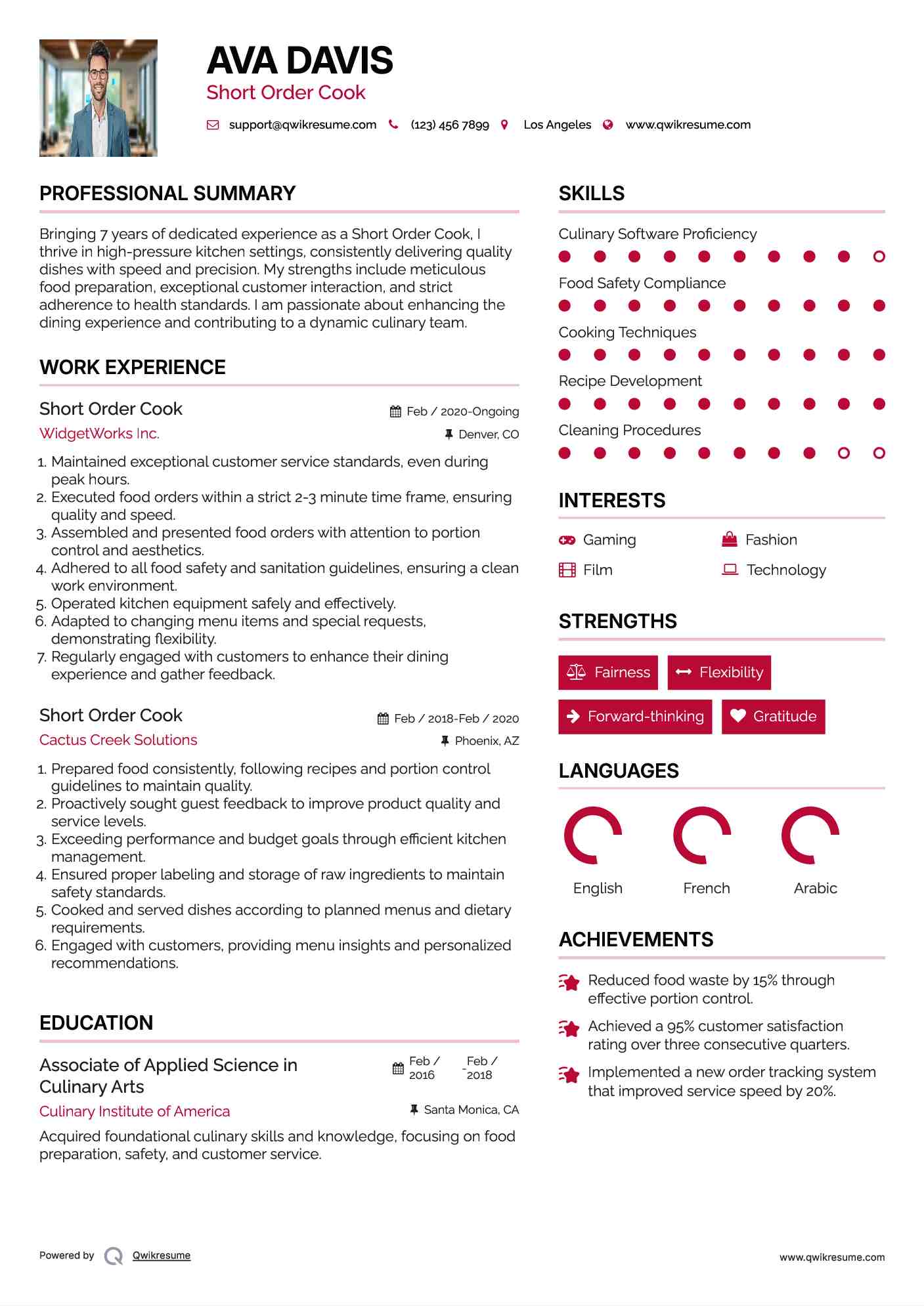 Short Order Cook Resume Example