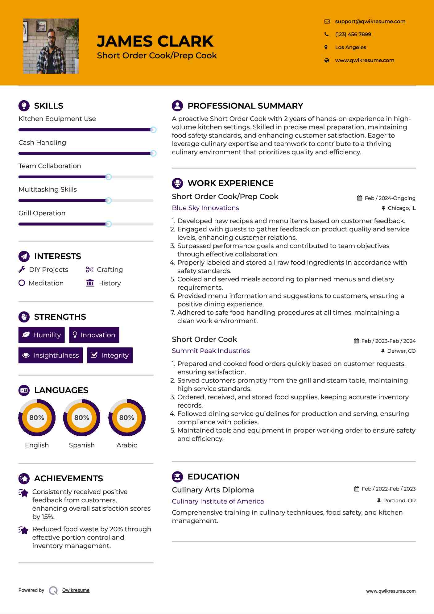 Short Order Cook/Prep Cook Resume Sample