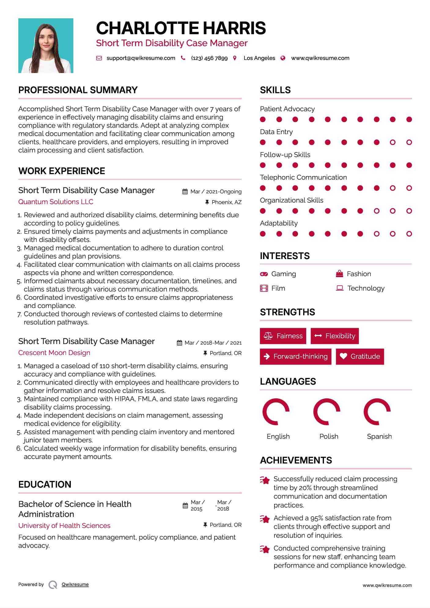 Short Term Disability Case Manager Resume Sample