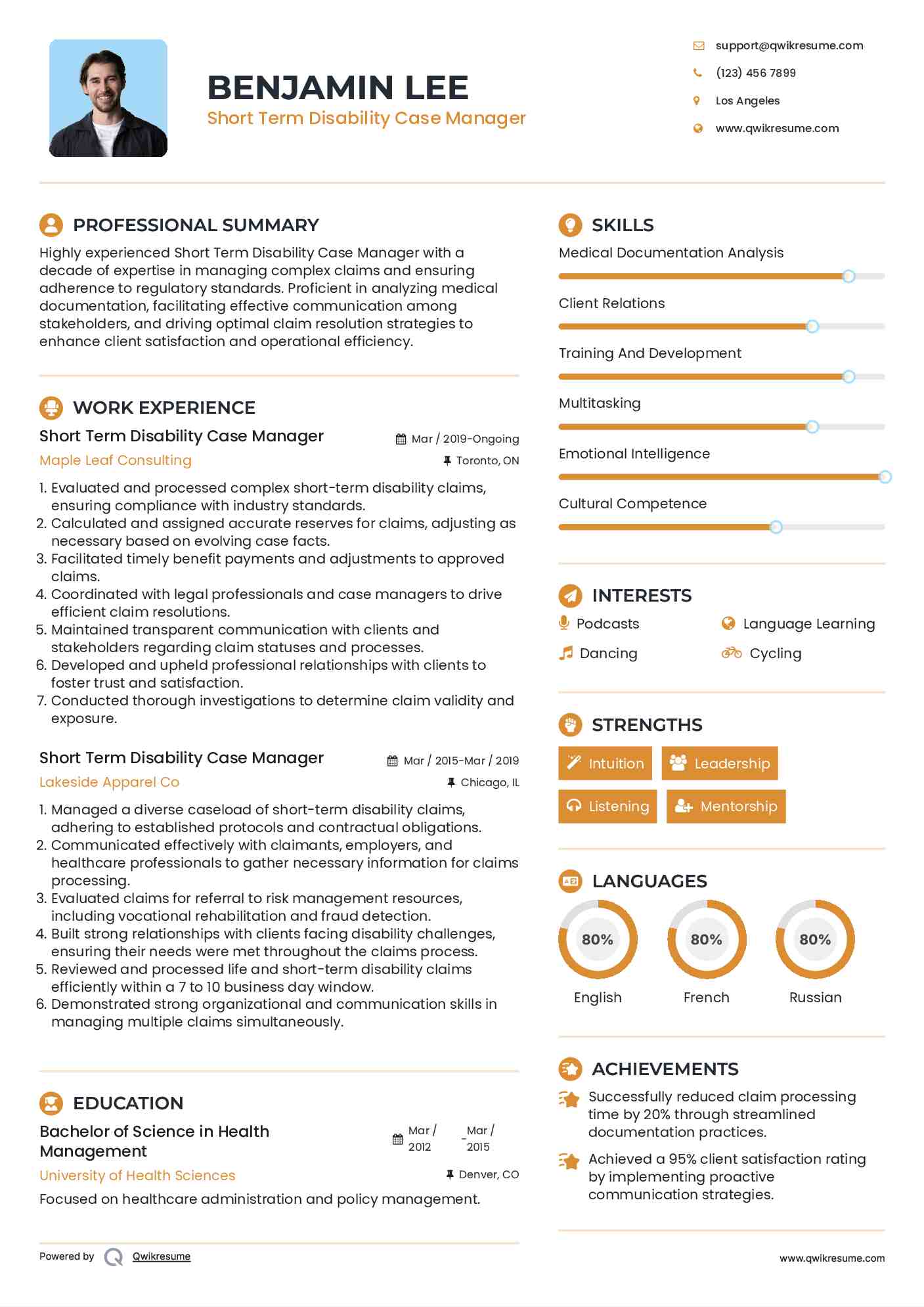 Short Term Disability Case Manager Resume Example