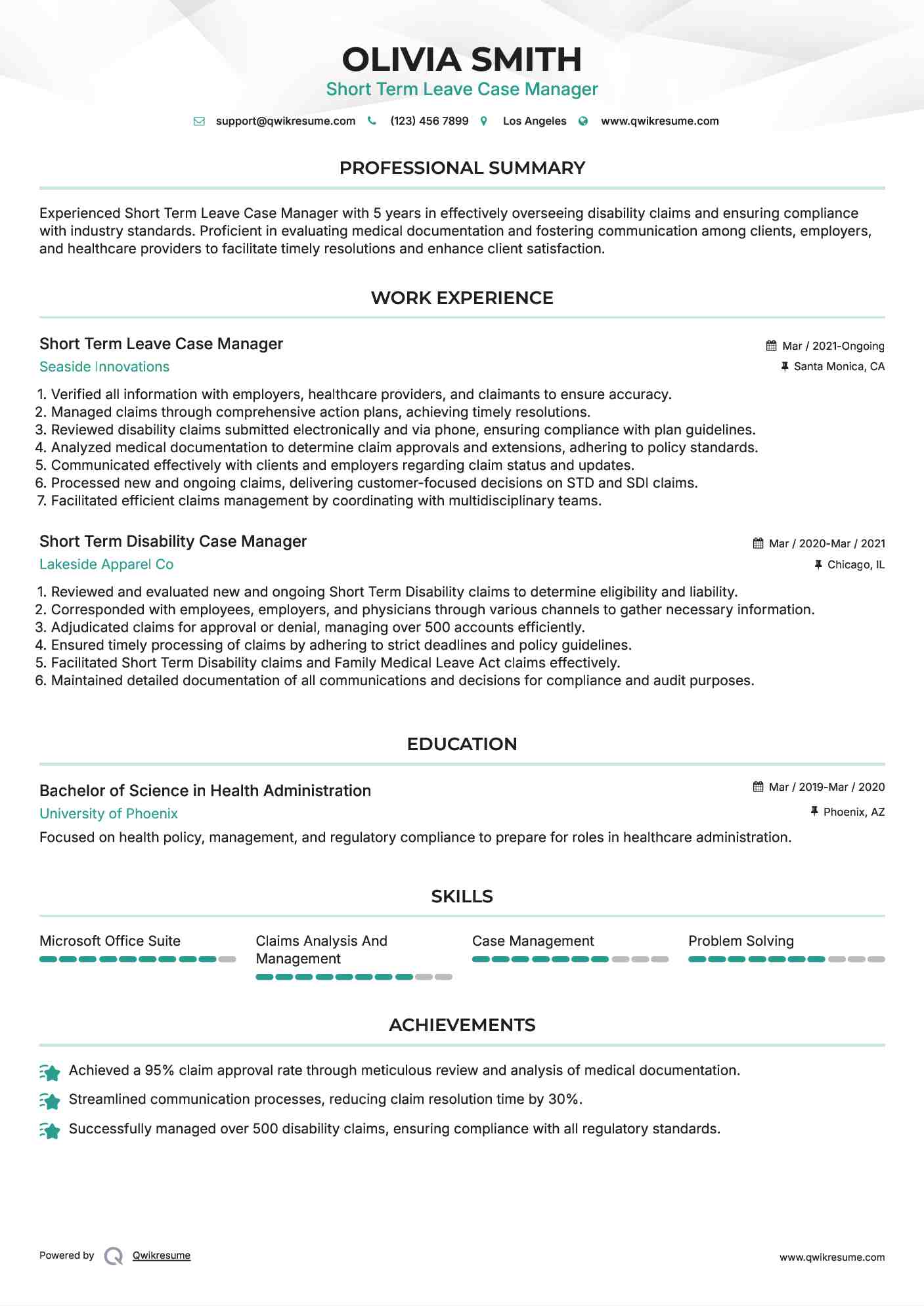 Short Term Leave Case Manager Resume Model