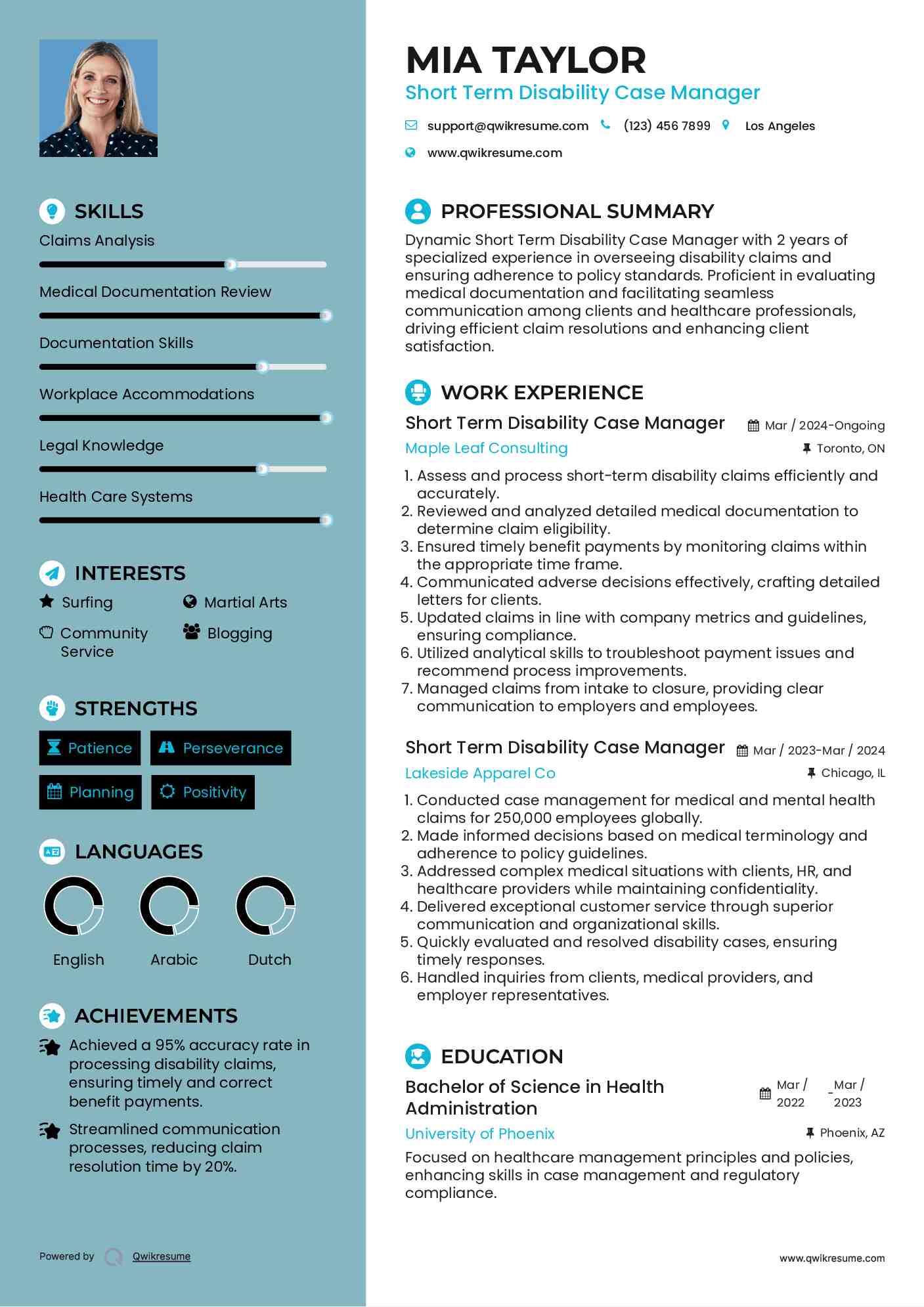 Short Term Disability Case Manager Resume Sample