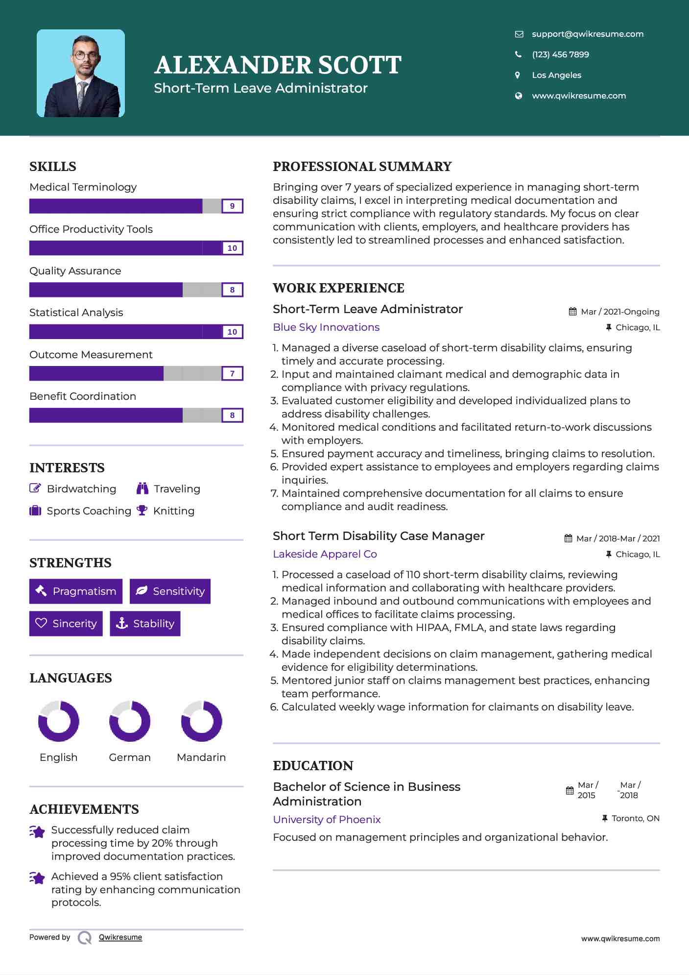 Short-Term Leave Administrator Resume Sample