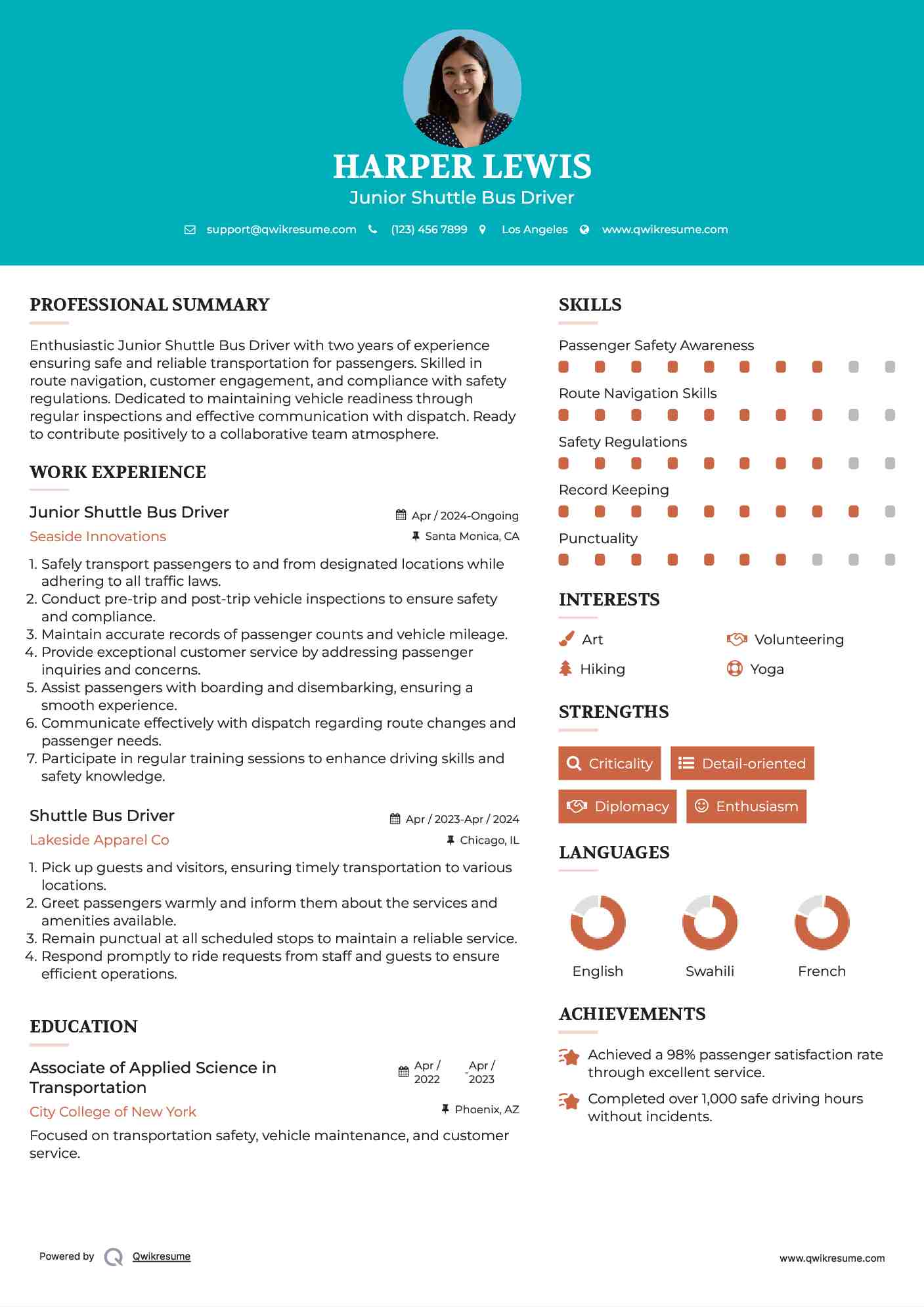 Junior Shuttle Bus Driver Resume Template