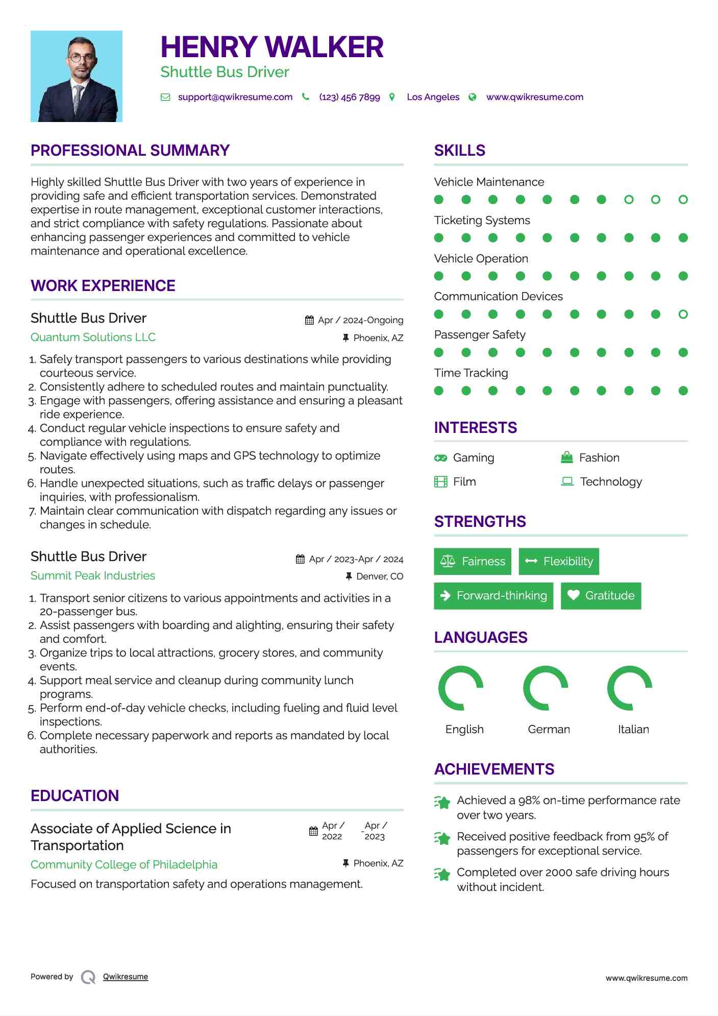 Shuttle Bus Driver Resume Sample