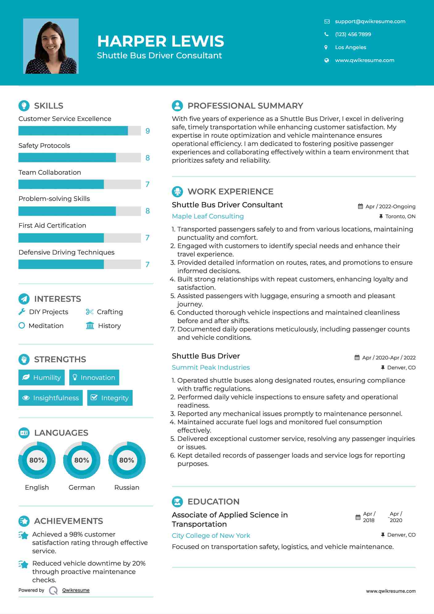 Shuttle Bus Driver Consultant Resume Example