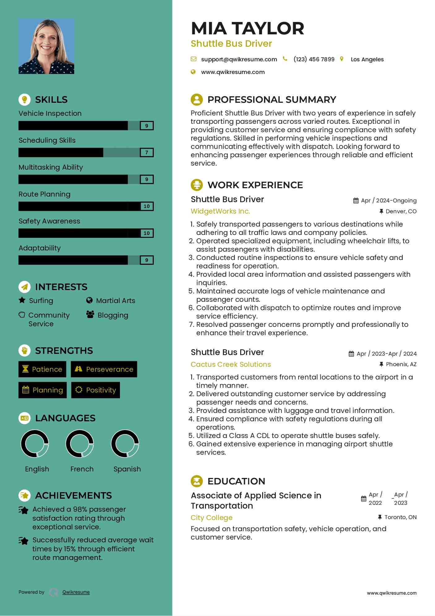 Shuttle Bus Driver Resume Example