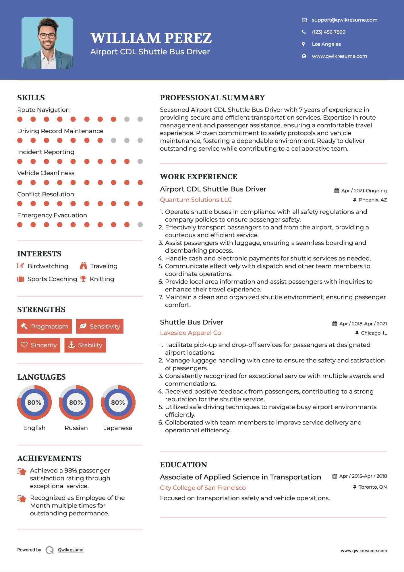 Airport CDL Shuttle Bus Driver
 Resume Sample