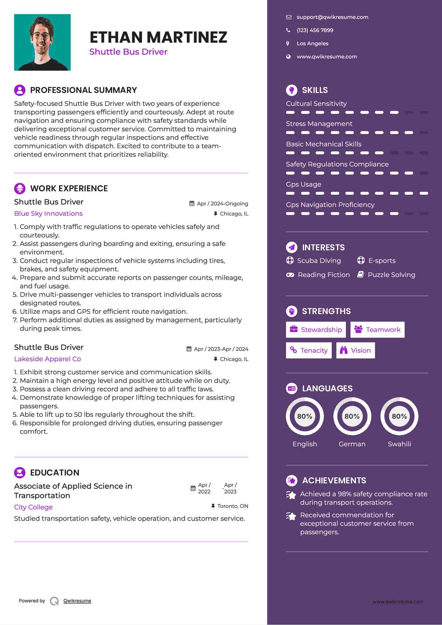 Shuttle Bus Driver Resume Model