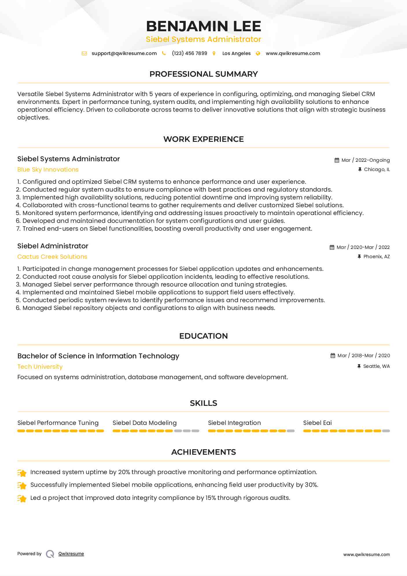 Siebel Systems Administrator Resume Example