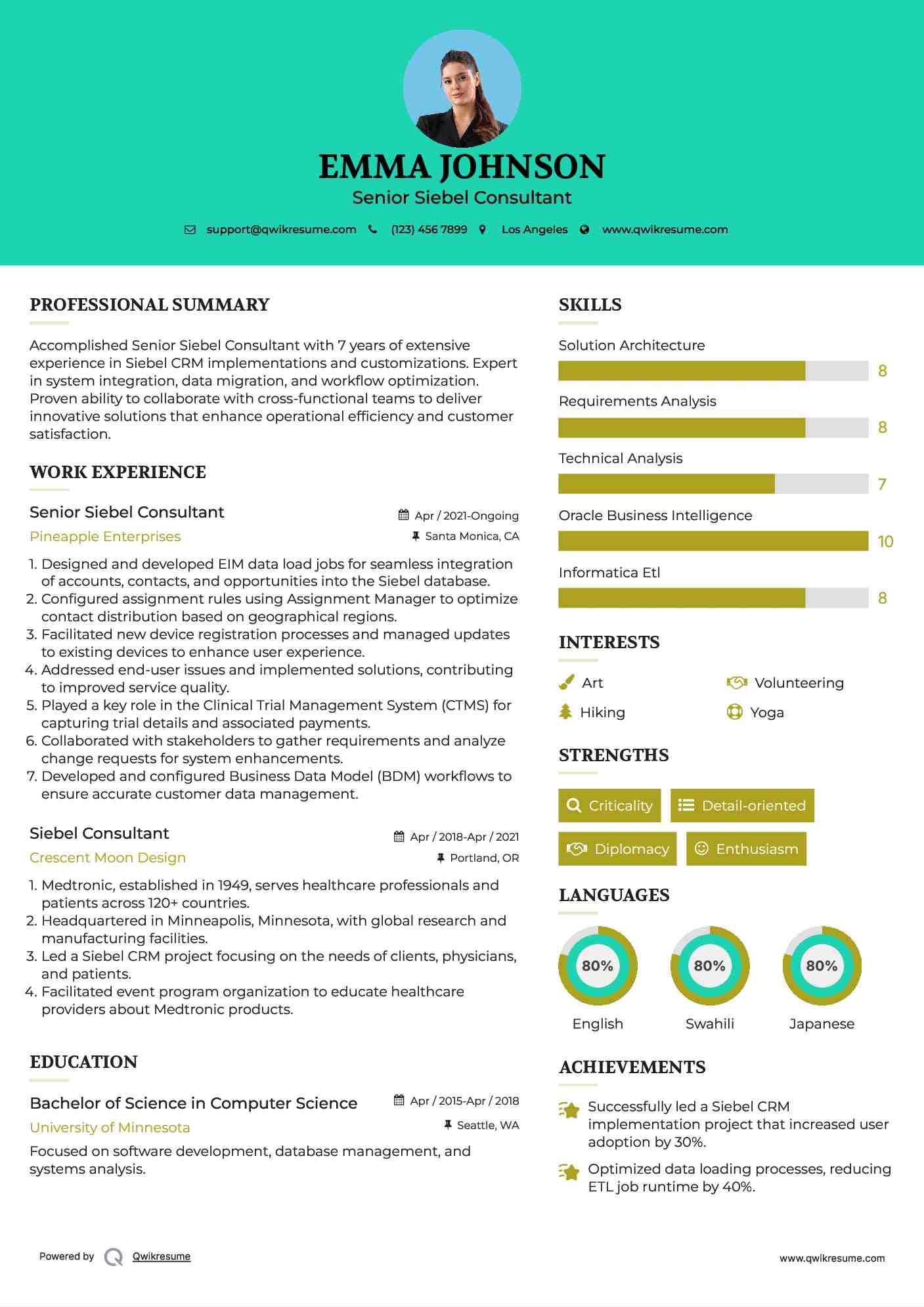 Senior Siebel Consultant Resume Example