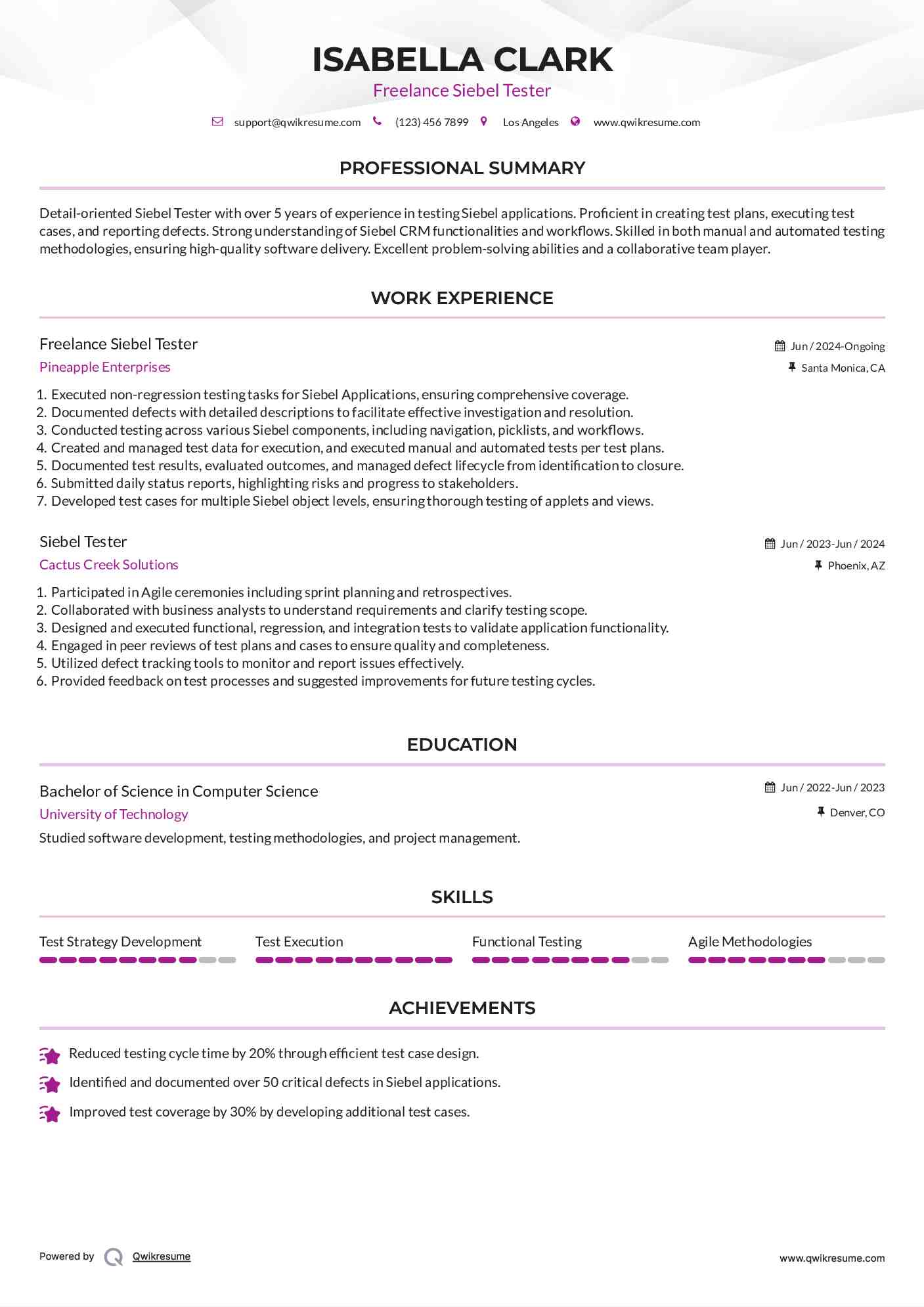 Freelance Siebel Tester Resume Example