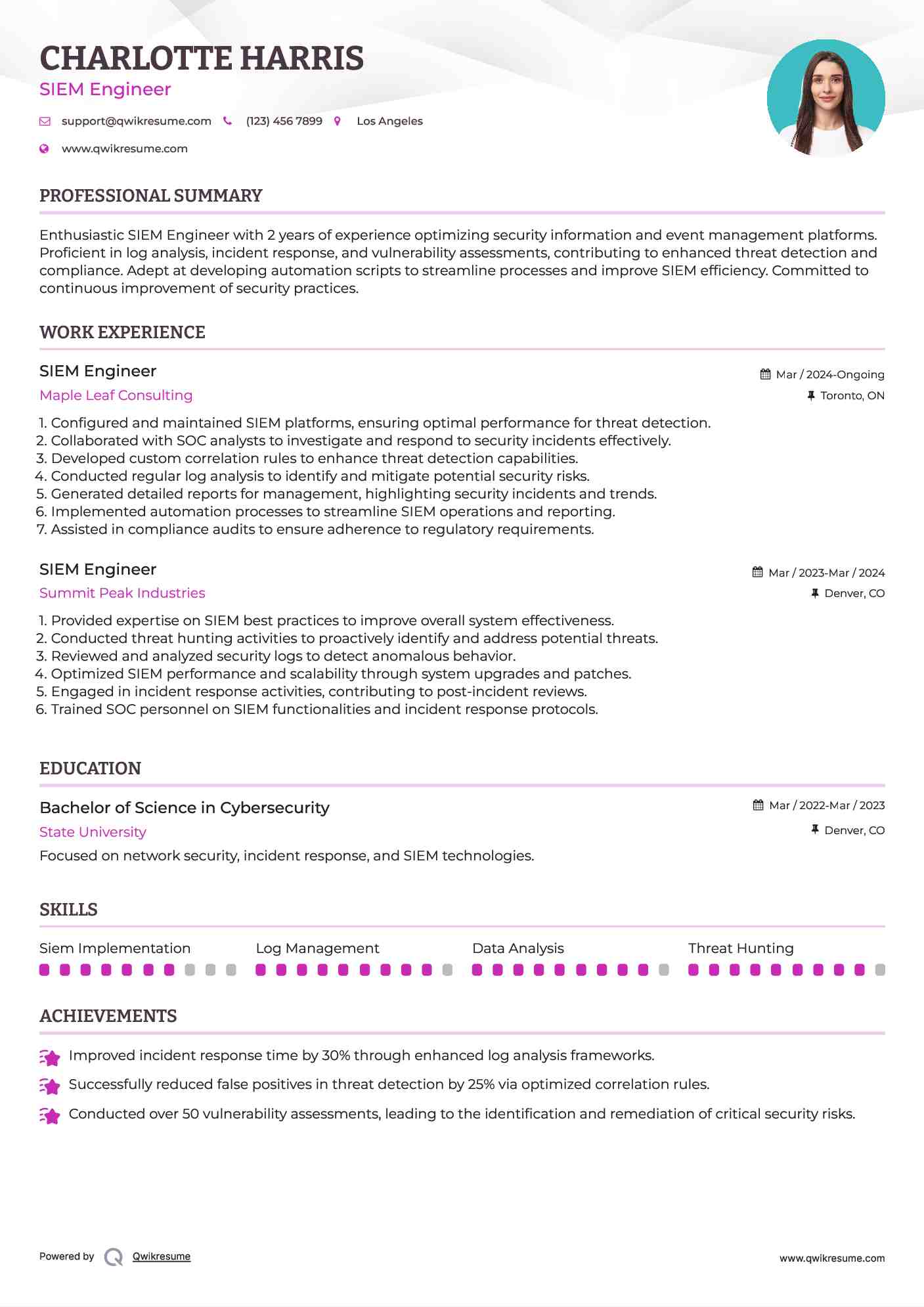 SIEM Engineer Resume Template