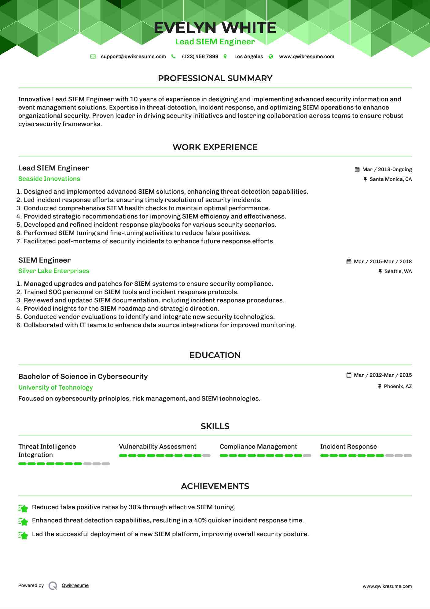 Lead SIEM Engineer Resume Example