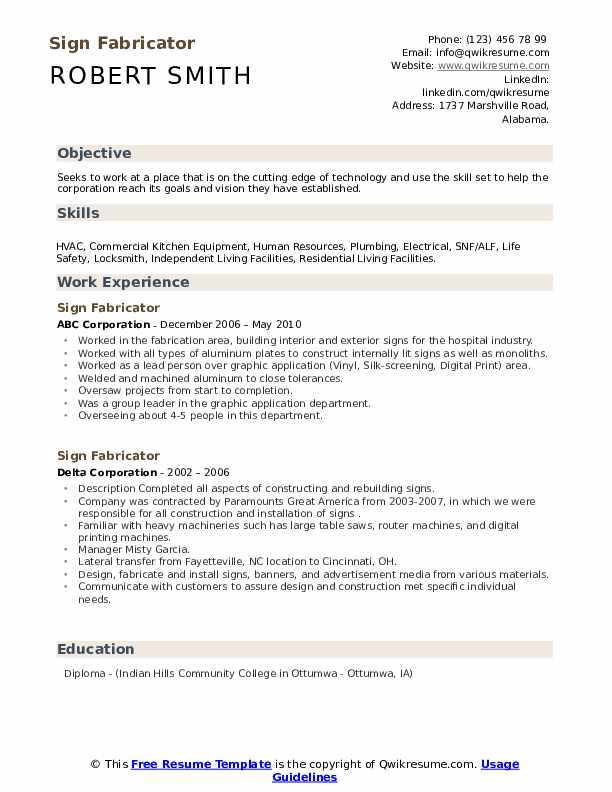 Sign Fabricator Resume Samples QwikResume