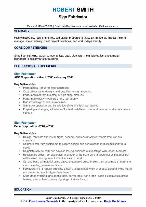 Sign Fabricator Resume Samples QwikResume