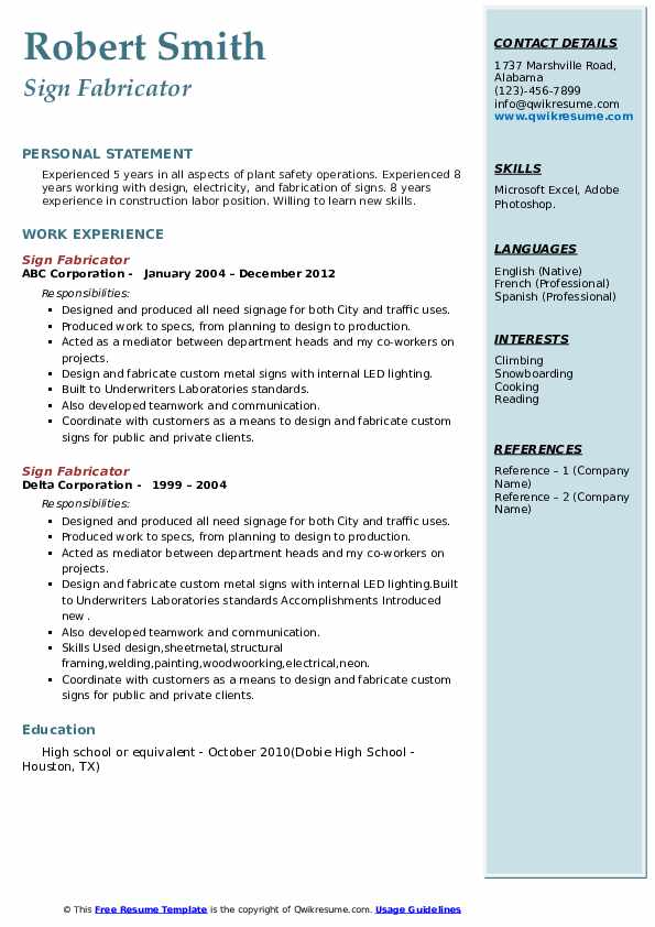 Sign Fabricator Resume Samples QwikResume