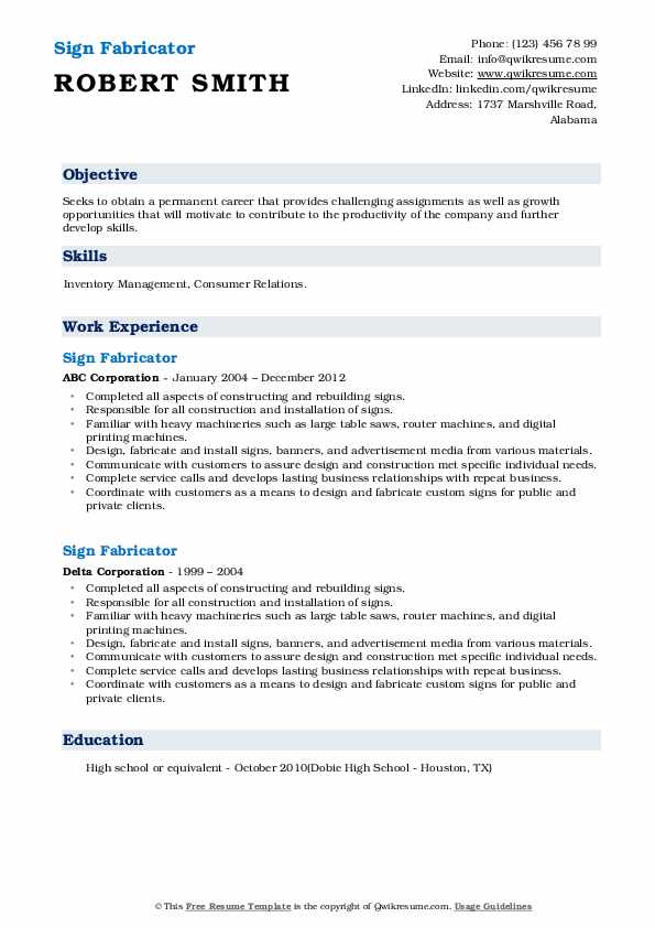 Sign Fabricator Resume Samples QwikResume
