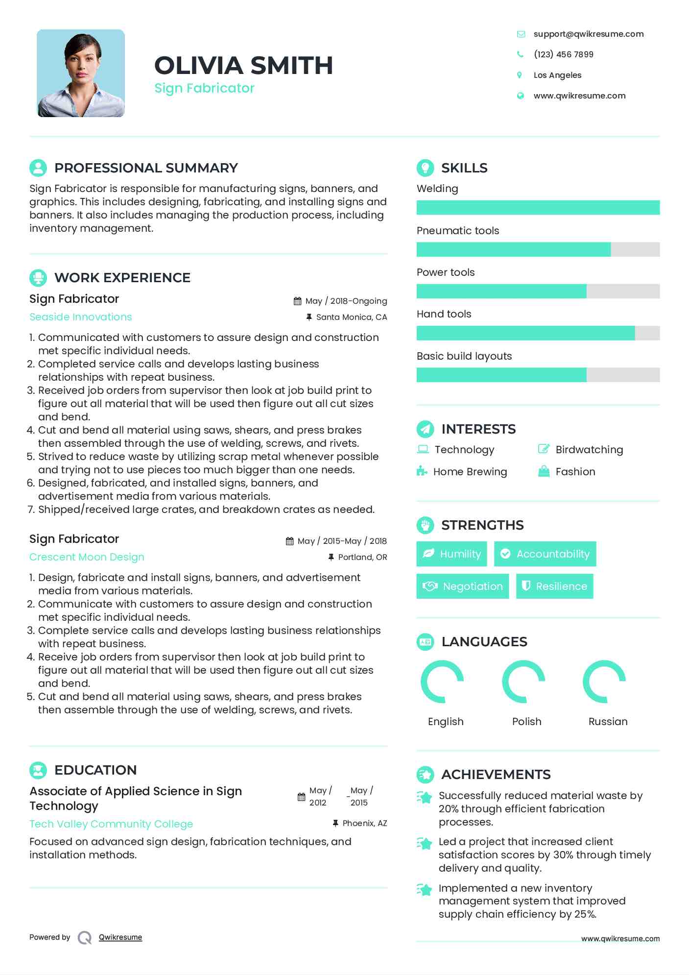 Sign Fabricator Resume Samples QwikResume