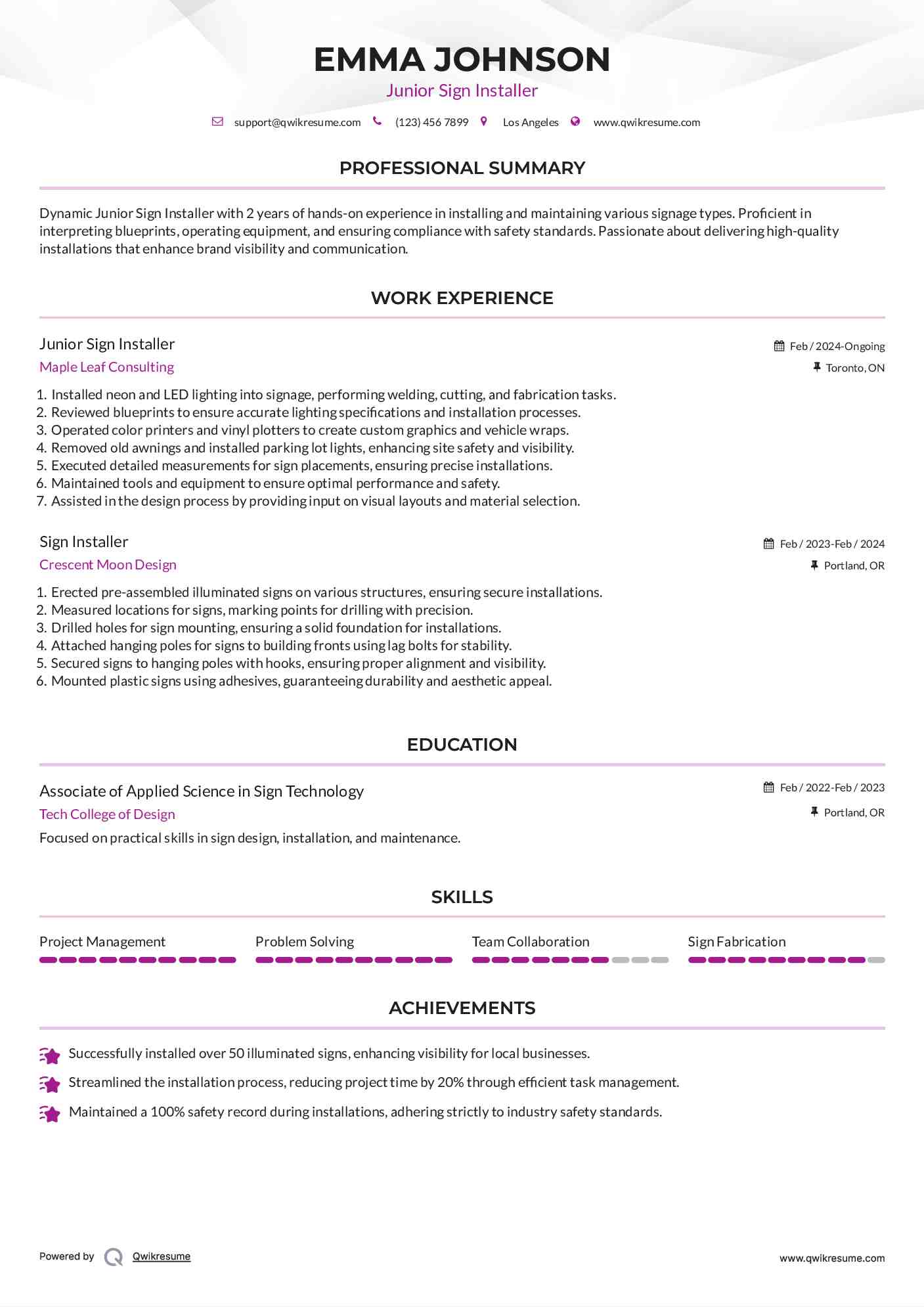 Junior Sign Installer Resume Format
