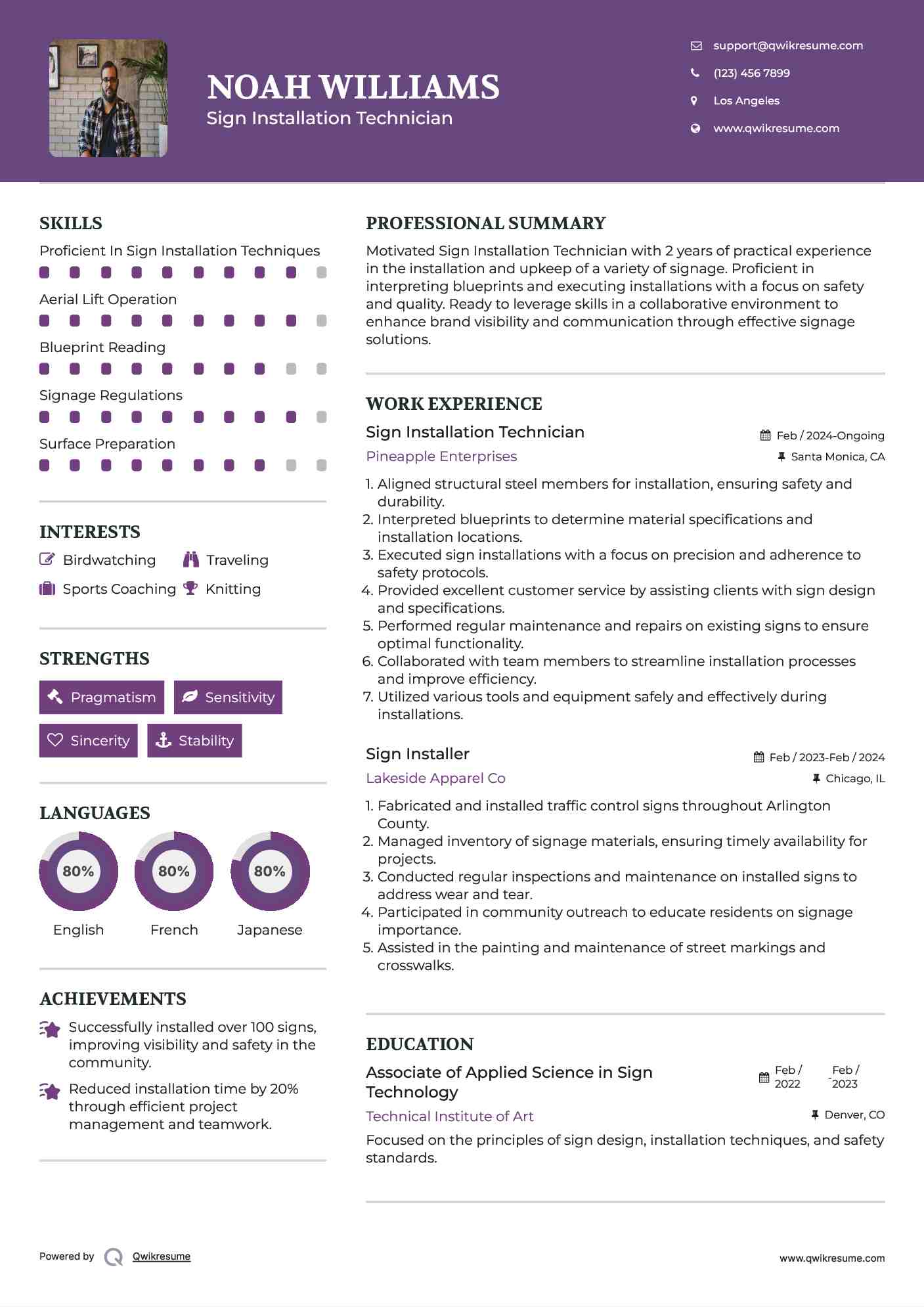 Sign Installation Technician Resume Example