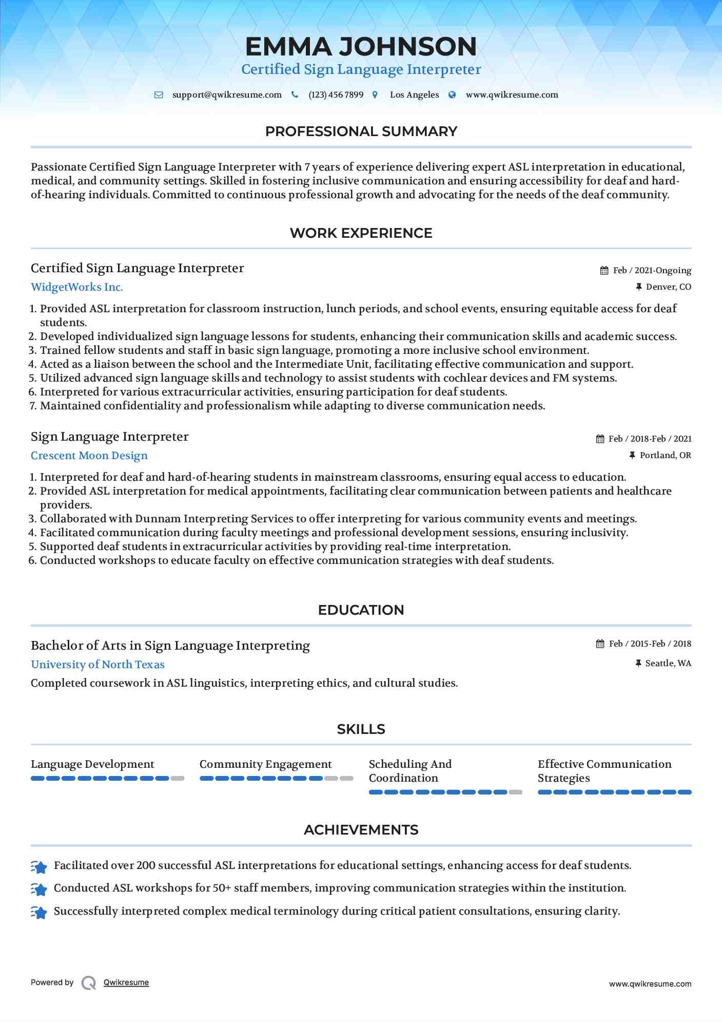 Certified Sign Language Interpreter Resume Example