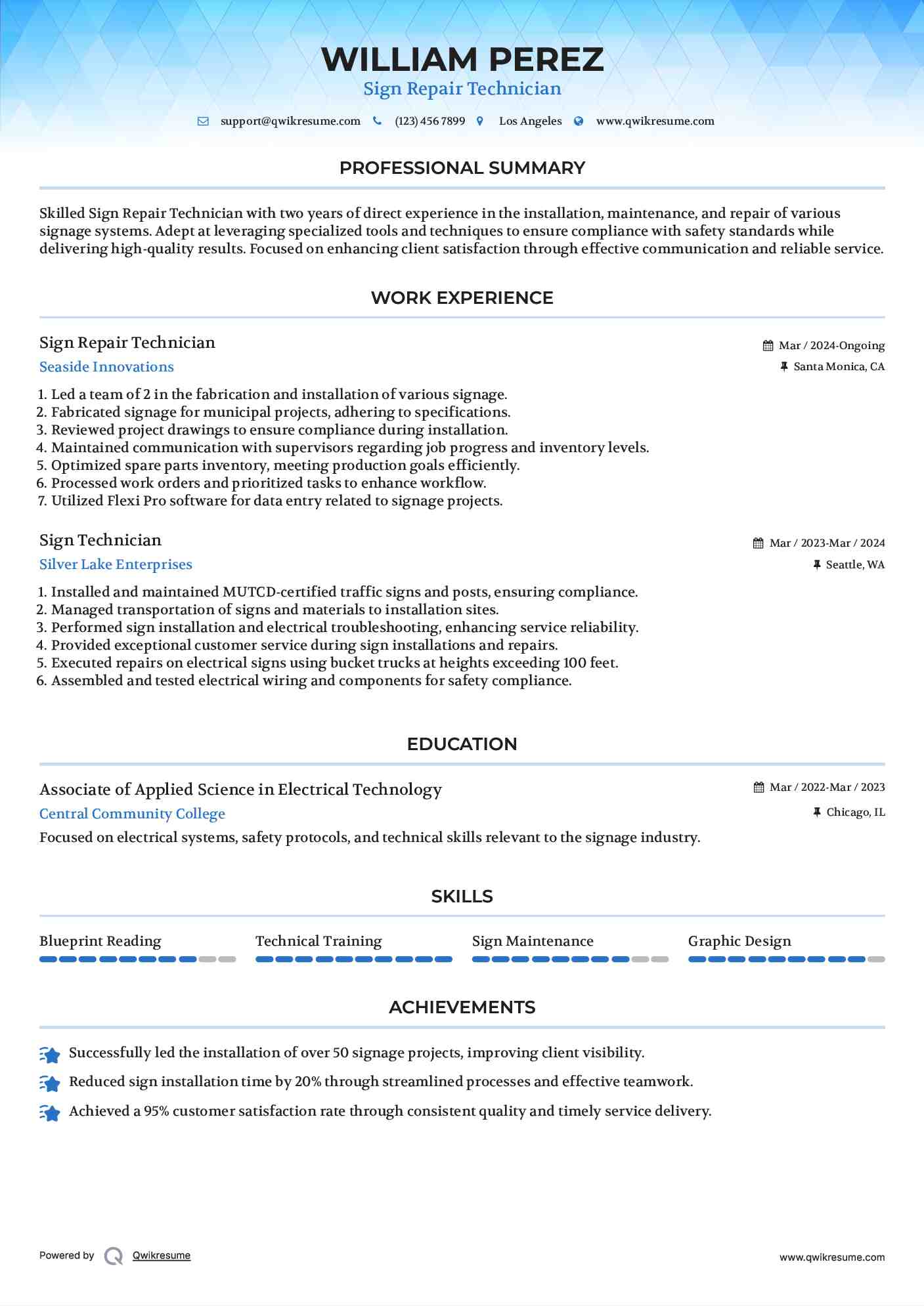 Sign Repair Technician Resume Format
